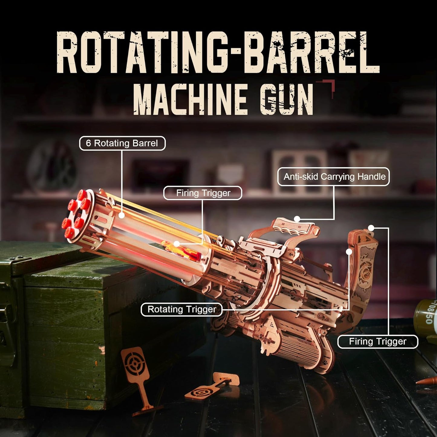 ROKR Gun 3D Puzzles for Adults, Wooden 3D Puzzle Rubber Bands Gun Toy, Rotating-Barrel Machine Gun, Wood Model Craft Kits, Cool Hobbies Birthday Gifts for Men Teen Boys 14+