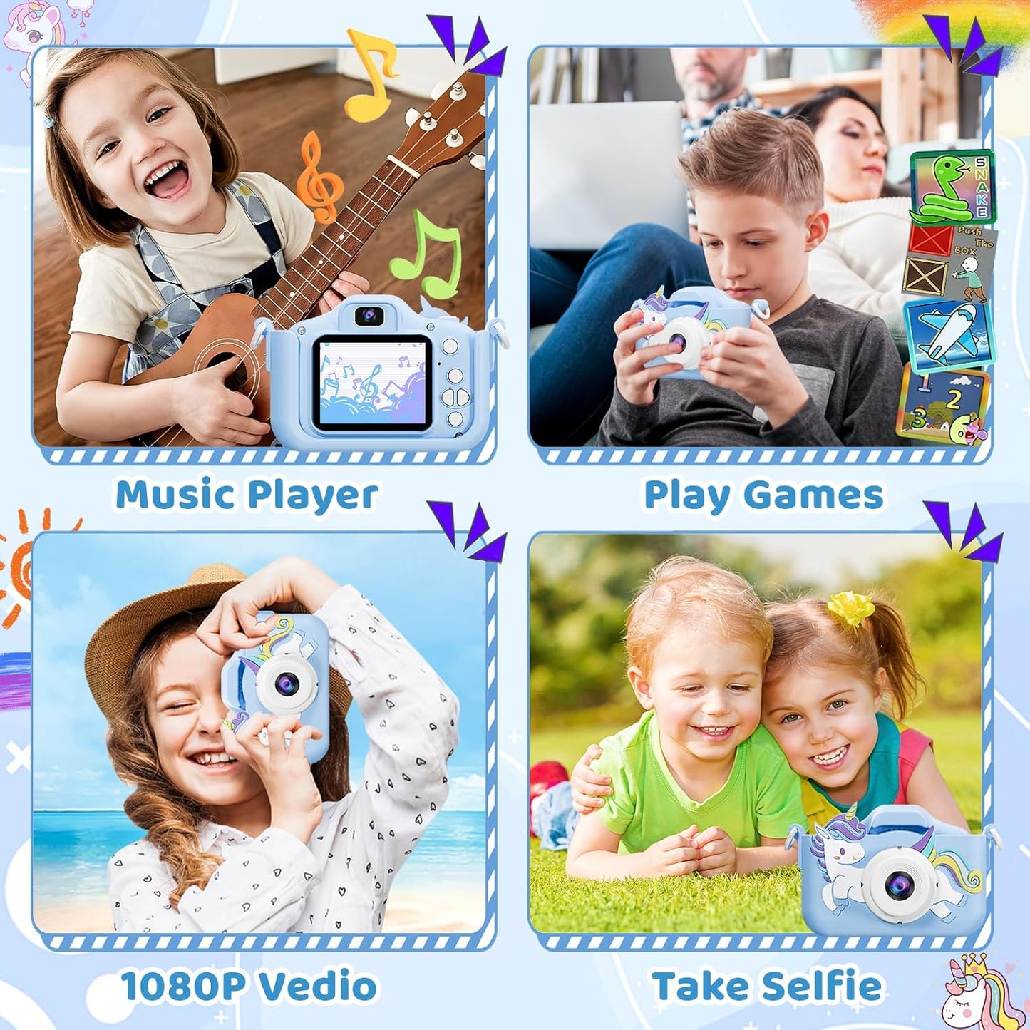 Kids Camera, Toys for Toddlers Age 3-8 Year Old Girl Christmas Birthday Gifts, Children Digital Camera with Cartoon Soft Silicone Cover and 32GB Card (Azure)