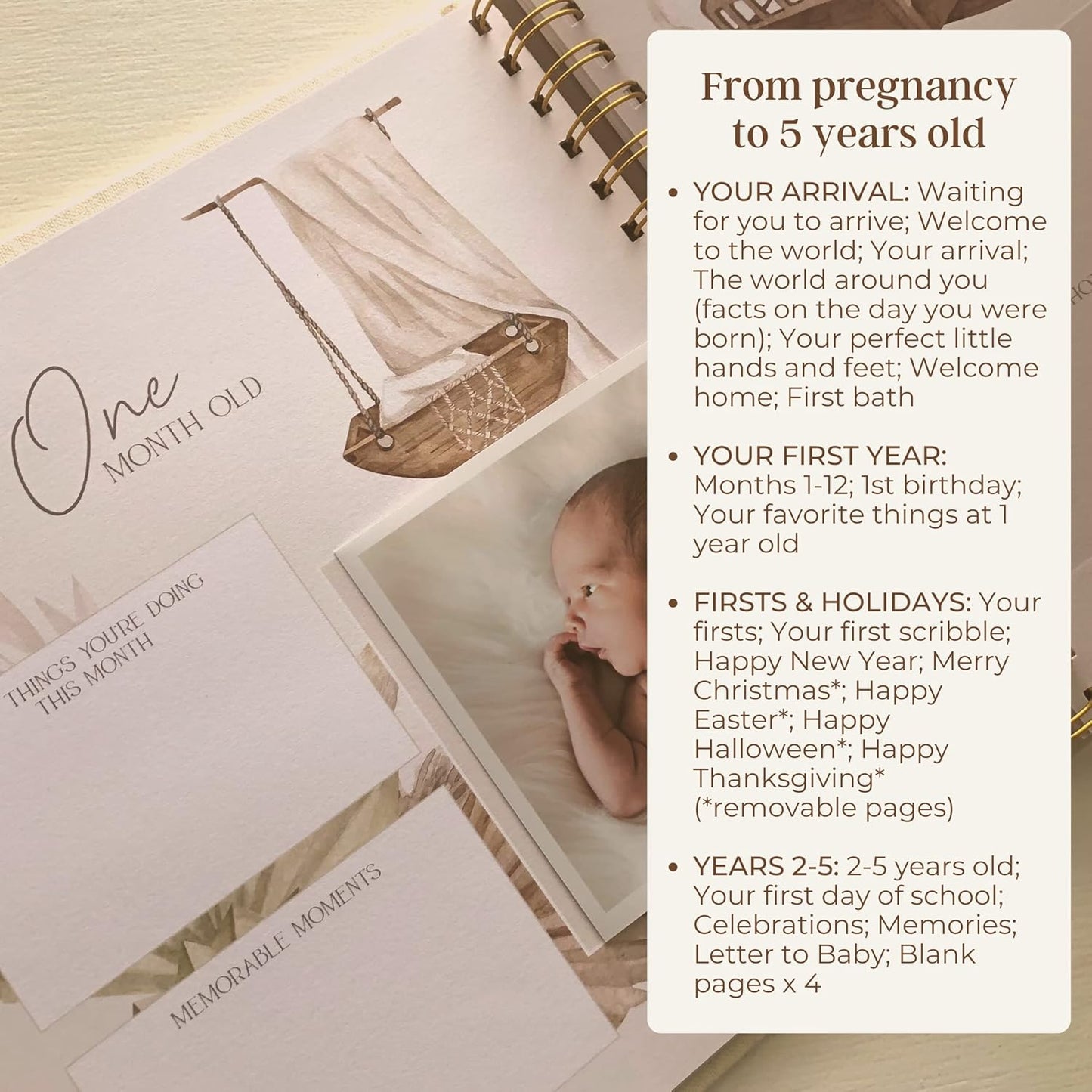 Peachly Unisex Baby Memory Book, Minimalist Baby First Year Keepsake for Milestones, Simple Baby Scrapbook for Boy Girl Milestones, Natural Linen (Haven)