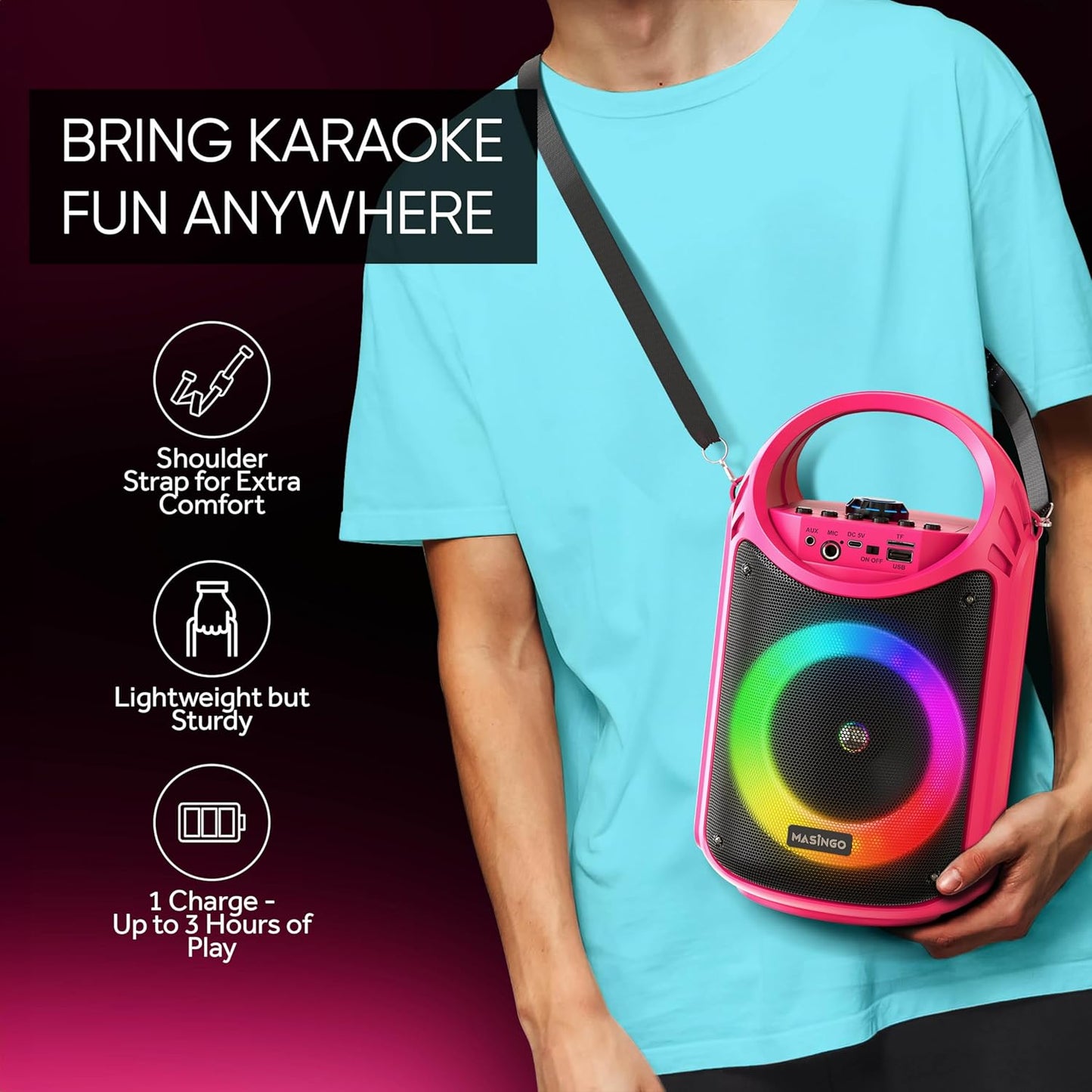 MASINGO Karaoke Machine for Kids and Adults with 2 Wireless Bluetooth Microphones, PA Portable Speaker with Colorful LED Lights, Supports TF Card/USB, AUX/MIC in, TWS for Home Party, Burletta C10 V2