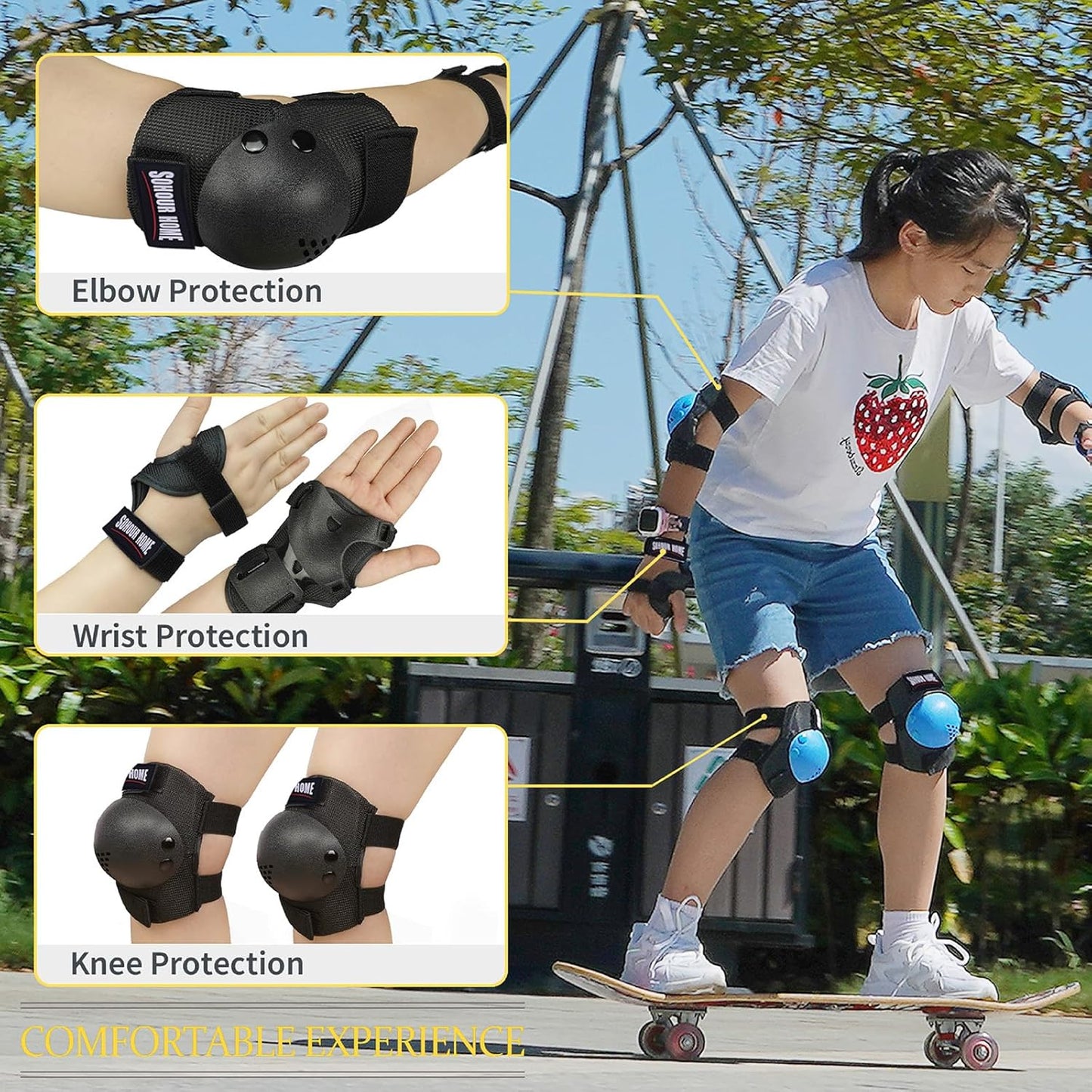 Youth/Kids Knee Pads Elbow Pads Wrist Guards Protective Gear Set for 3-15 Years Child Roller Skates, Skateboard, Cycling, Inline Skating, BMX Bike, Balance Bike, Scooter Riding and Other Outdoor Sports