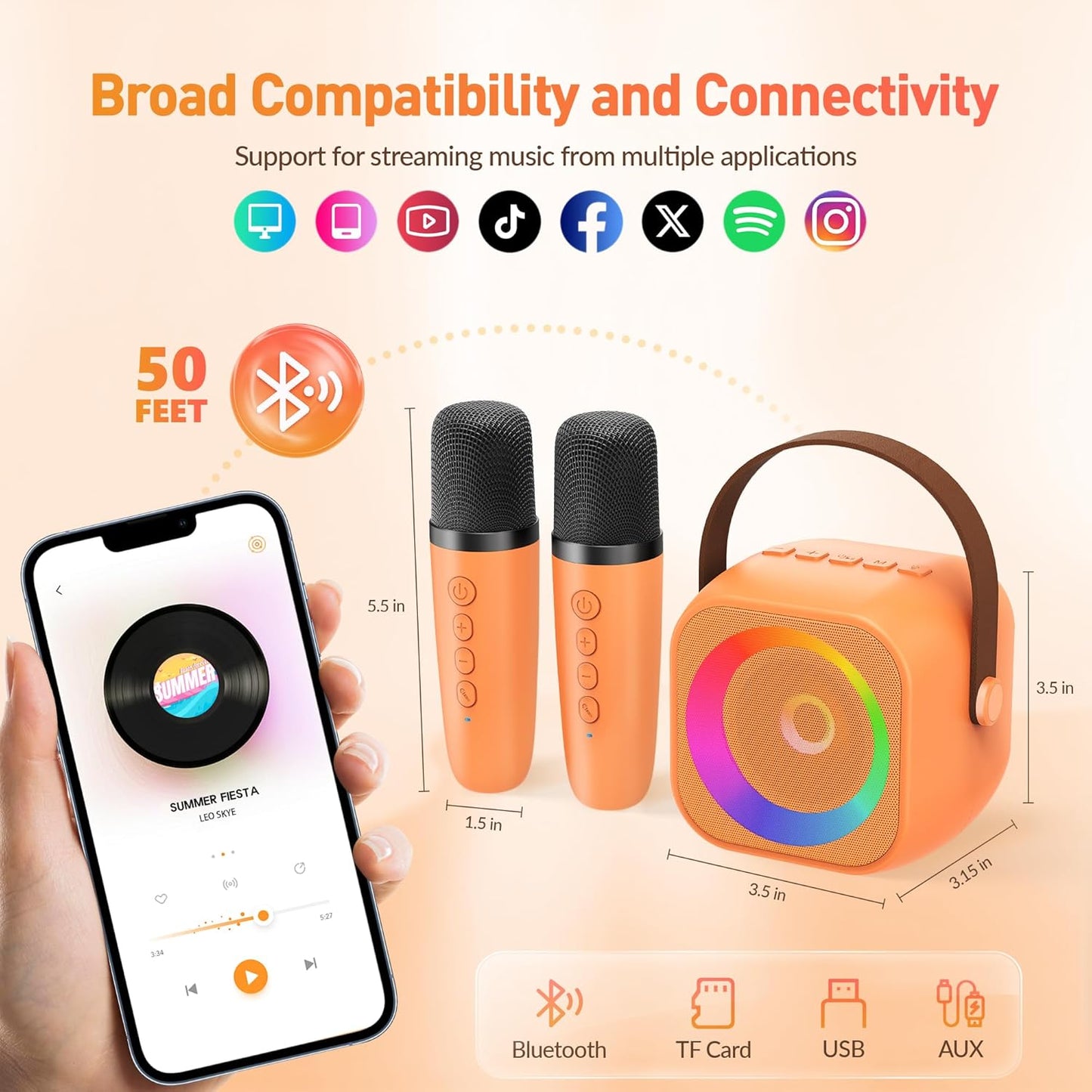 Karaoke Machine for Kids Adults: Mini Portable Karaoke Machine with 2 Wireless Microphones and Lights, Christmas Birthday Gifts for Girls Boys Family Home Party(Orange)