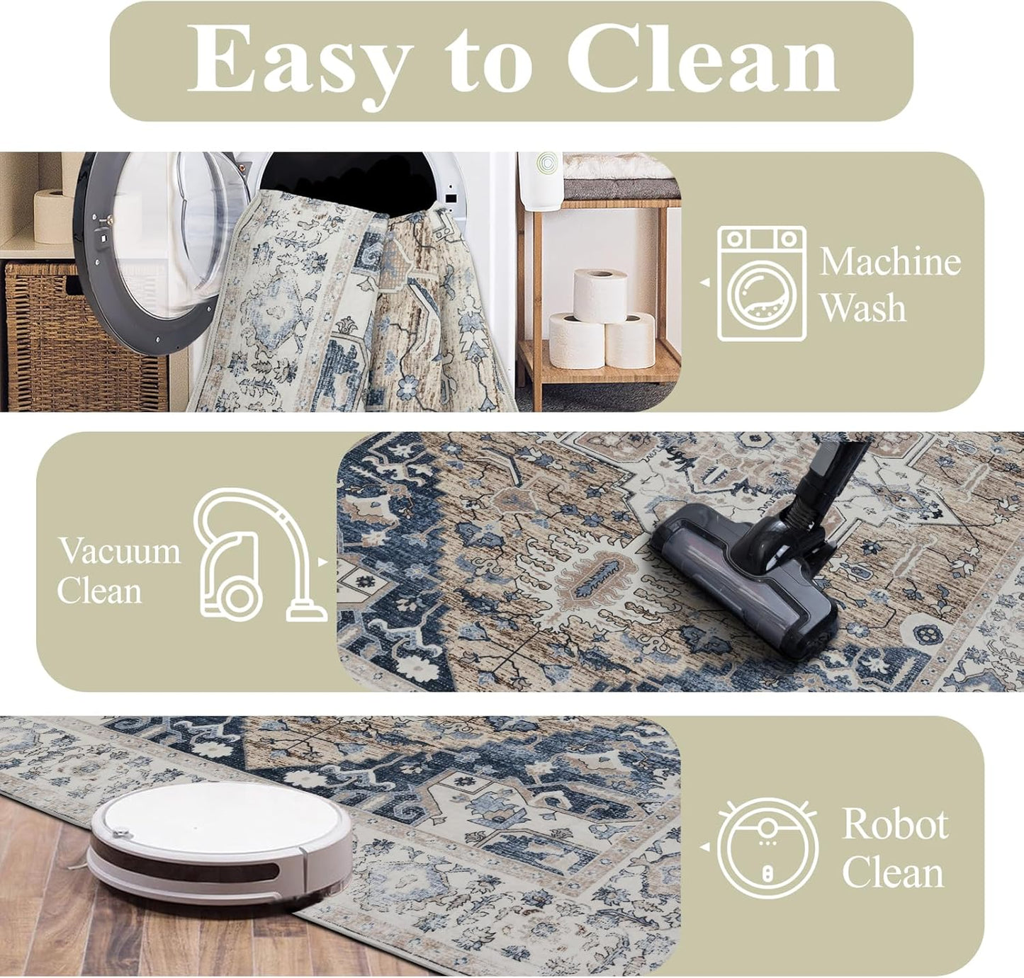 9x12 Area Rug Living Room Rugs, Stain Resistant Washable Rug, Vintage Large Non-Slip Backing, Low Pile Lightweight Print Rug for Bedroom Dinning Room Home Office (Taupe/Blue)