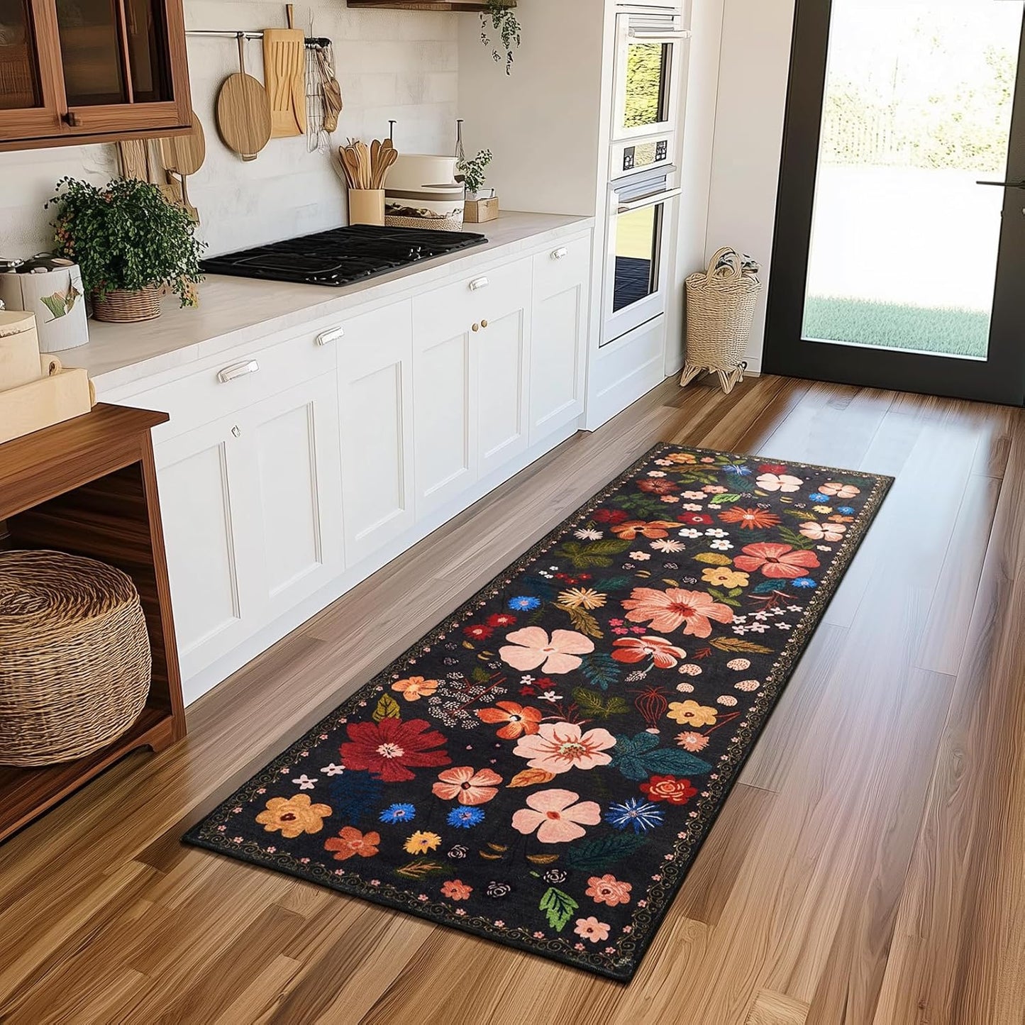 2x6 Rug Runners for Hallways Non Slip Washable Runner Rug with Rubber Backing Sound Absorbing Vintage Boho Floral Low Pile Thin Rug for Kitchen Bedroom Entrance Laundry Bathroom Living Room,Black