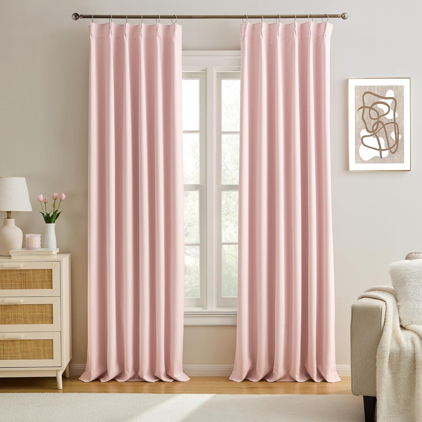 KEQIAOSUOCAI Custom Pleated Curtains Fabric Baby Pink Color, Heat Blocking Window Treatment for Bedroom Vertical Draft Blackout for Living Room 40 Wide by 90 Inch Long, 2 Panels, Pinch Pleat