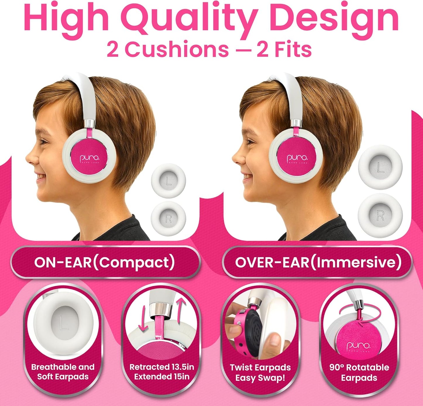 Puro Sound Labs BT2200 Plus Kids Bluetooth Headphones – Volume-Limiting 85dB, Studio-Grade Audio, Over-Ear & Comfy Design, 20-Hour Battery Life, Easy to Connect Wireless Headphones for Kids, Pink