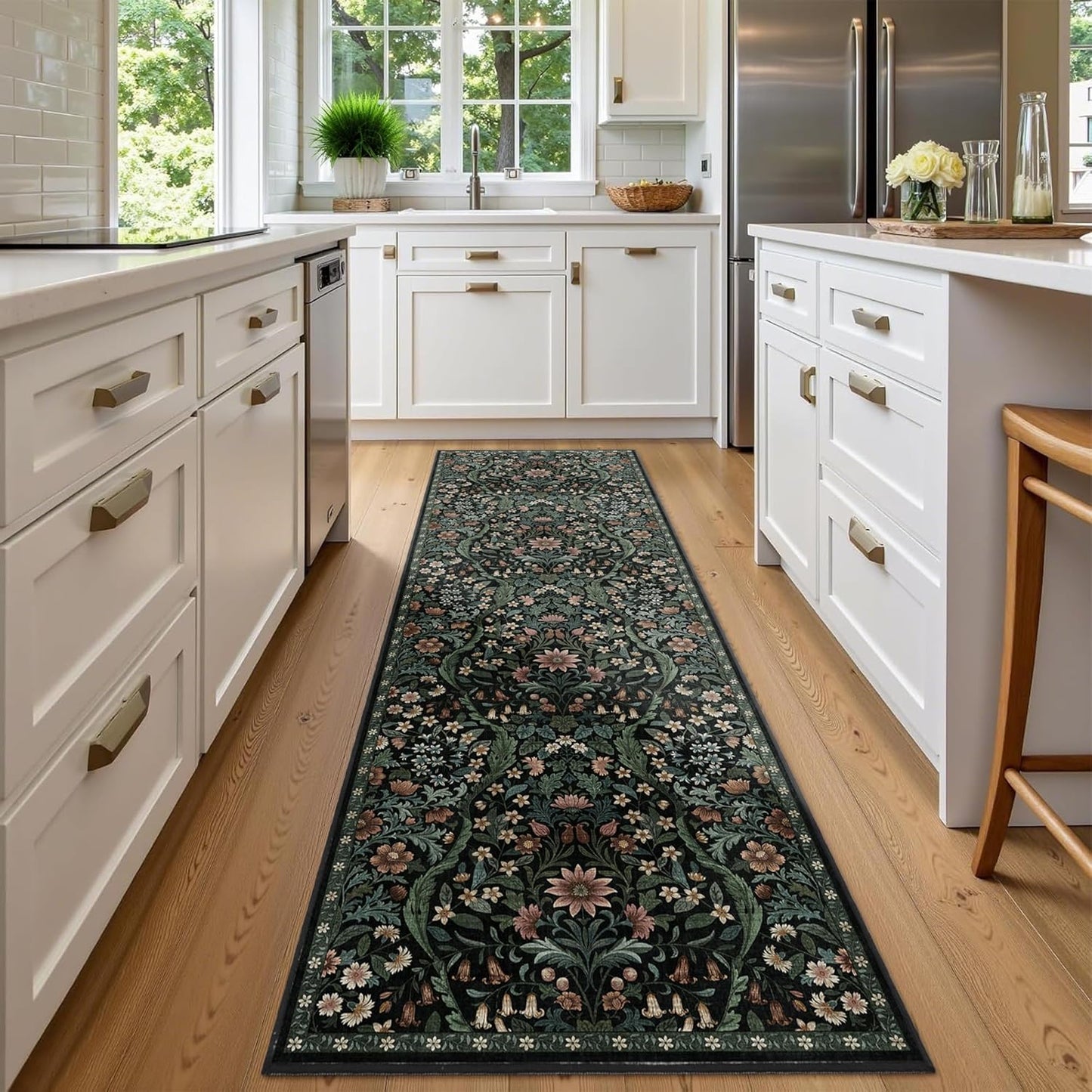 2x6 Washable Runner Rug,Black Floral Boho Area Rug for Hallway,Low-Pile Non-Slip Stain Resistant Carpet for Kitchen, Bedside,Laundry Room,Entryway