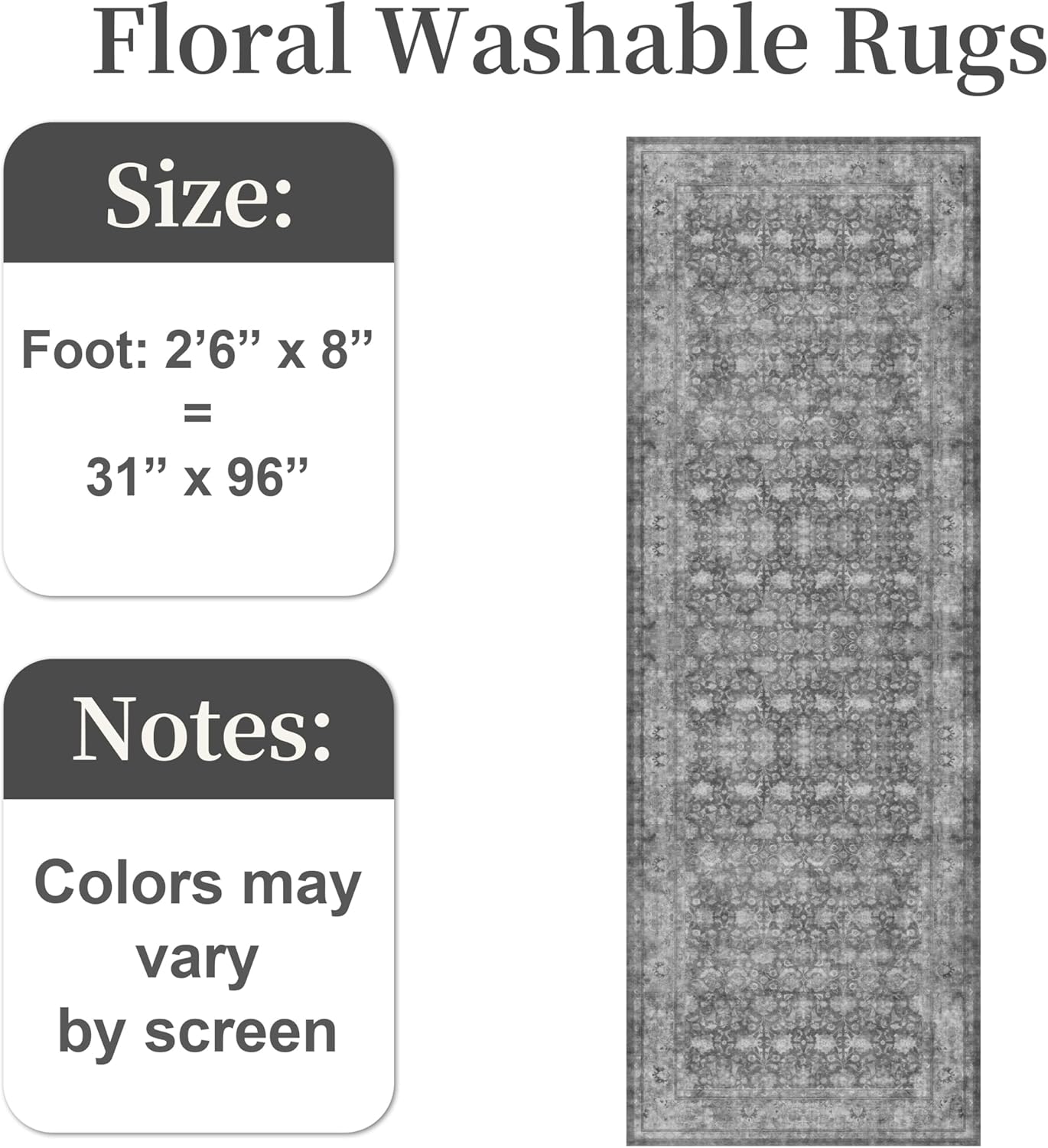 2'6"x8' Washable Runner Rug for Hallway, Non Slip Vintage Floral Long Carpet Runners for Entryway, Kitchen, Bathroom, Bedroom, Low Pile Laundry Rugs with Rubber Backing (Distressed Grey)