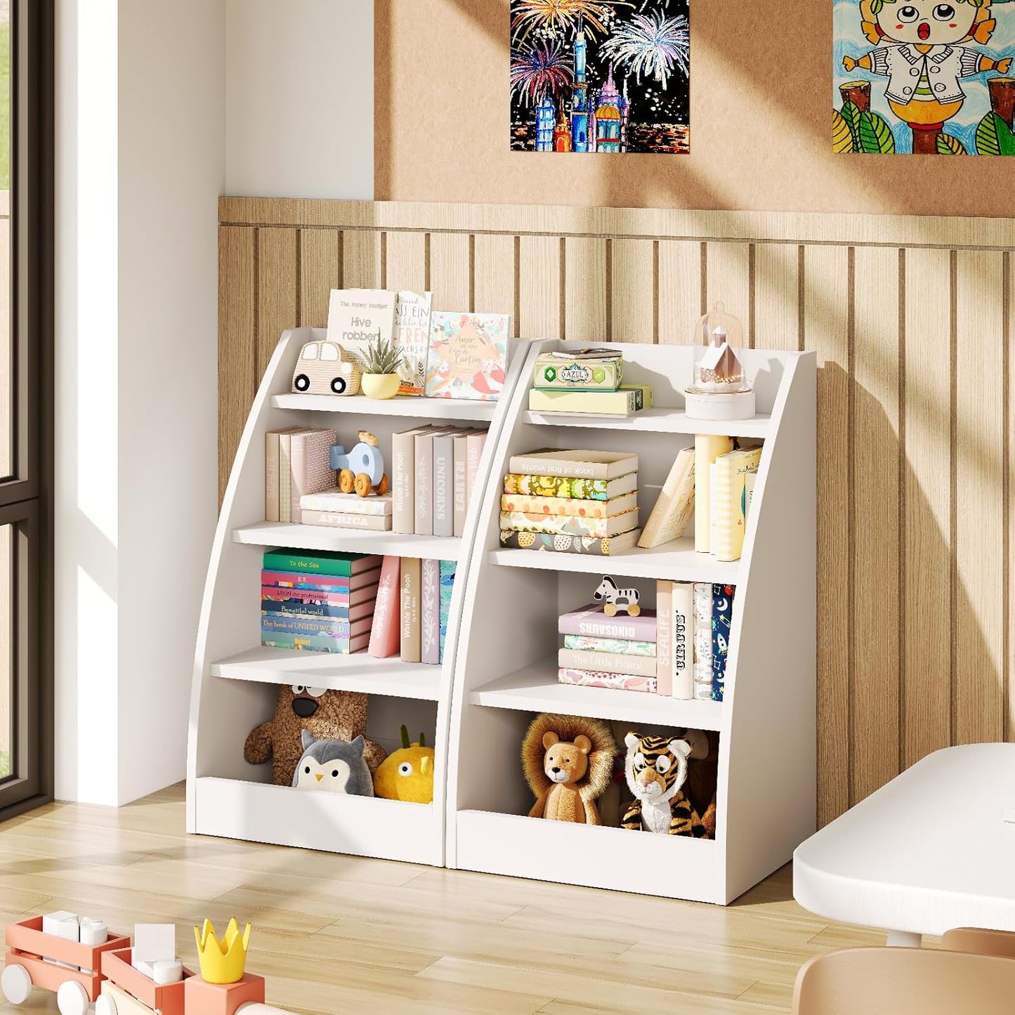 Kids Bookshelf and Toy Organizer,4 Tier Kids Book Shelf for Kids Rooms,Wood Children Bookcase,Baby Storage Book Rack,Toddler Bookshelf,Toy Storage Organizer,Book Display Shelf for Playroom, Nursery