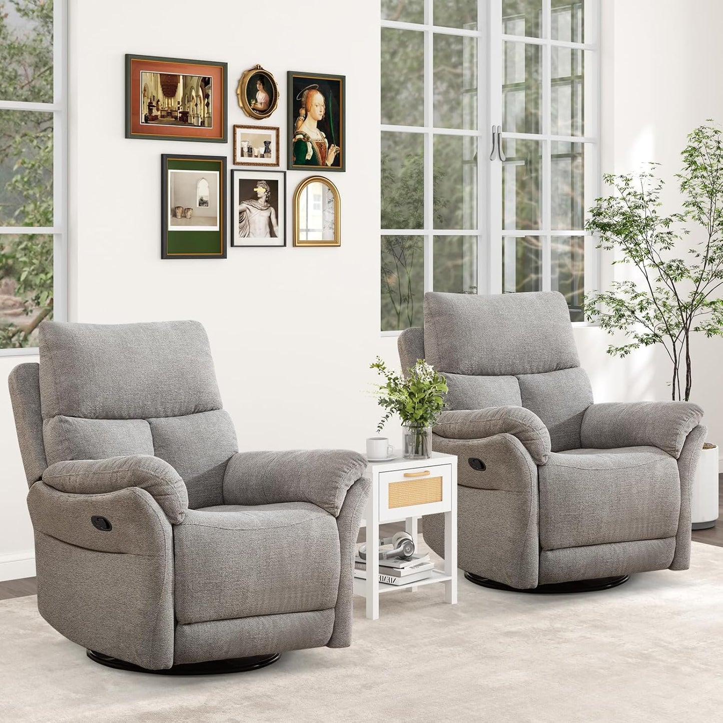 ANJ Manual Fabric Recliner Chair Set of 2, Swivel Rocker Glider, Silver