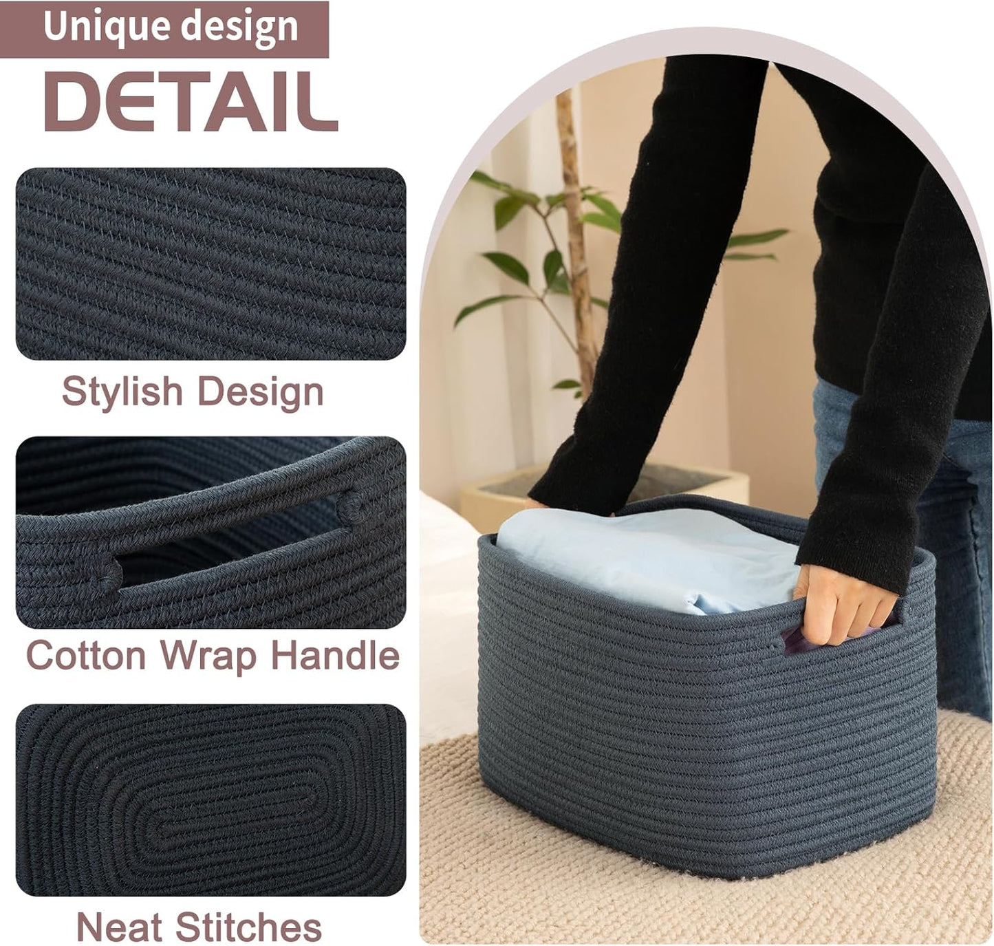 OIAHOMY 4 Pack Storage Baskets for Organizing, Cube Storage Bins for Shelves, Rectangle Storage Baskets With Handles, Woven Baskets for Storage, 12.7''Lx9''Wx7.8''H, Blue