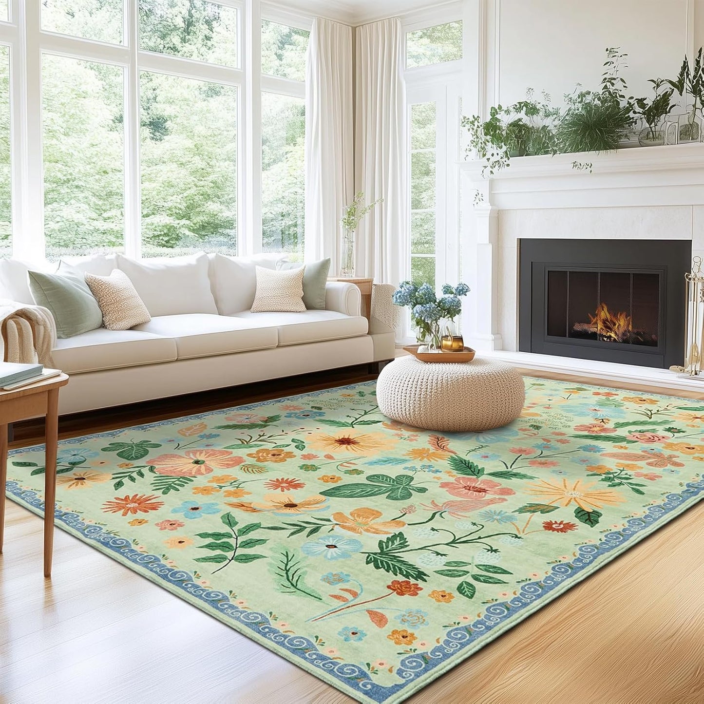 6x9 Area Rugs for Living Room Machine Washable Non Alip Ultra-Thin Spring Garden Area Carpet Soft Boho Vintage Floral Print Sage Green Accent Rugs for Bedroom Family Room Nursery Kids Playroom
