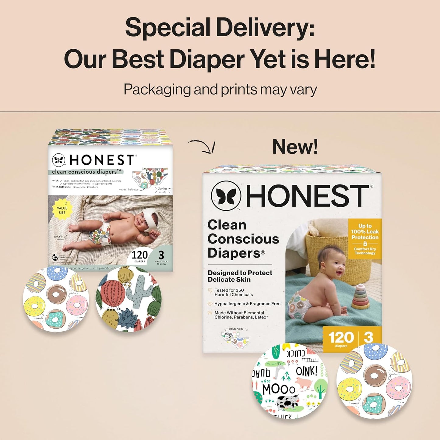 The Honest Company Clean Conscious Diapers for Delicate Skin | Up to 100% Leakproof | Hypoallergenic, Fragrance Free | Gender Neutral | Super Club Box, Size 3 (16-28 lbs), 120 Count (Prints May Vary)