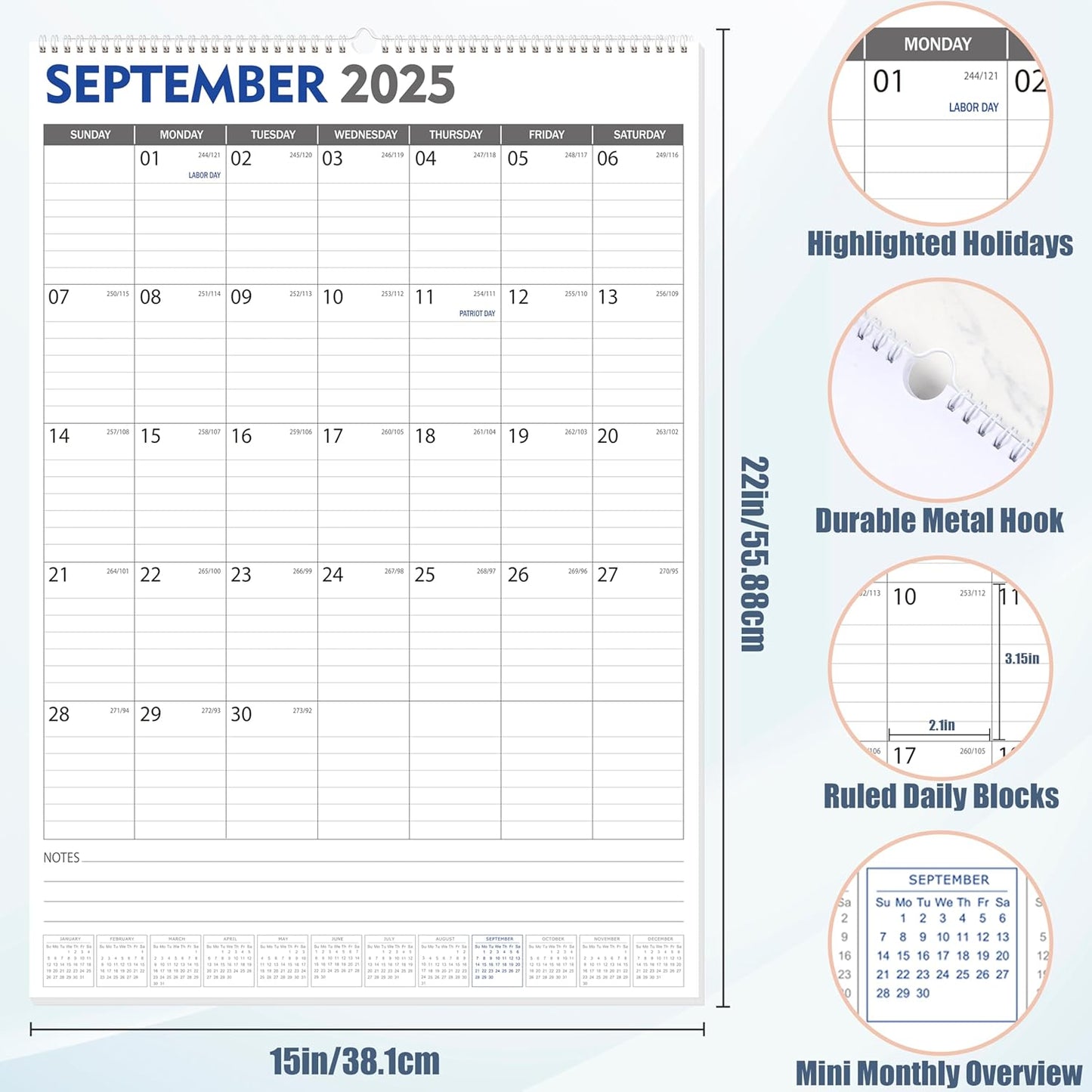 GuassLee Large Wall Calendar 2025-2027, 22"x15" Big Academic Wall Calendar 19-Month Sept. 2025 - Mar. 2027, 2026 Hanging Wall Planner with Julian Date Big Grid for Home School Office Planning