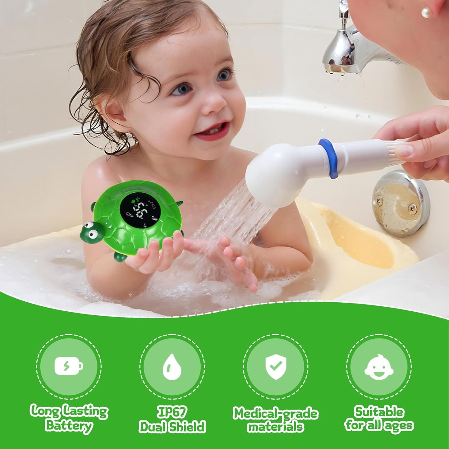 TKY Baby Bath Thermometer with LED Display-Rechargeable Water&Room Temperature Monitor, Floating Toy with Temp Alert, Waterproof for Newborns, Nurseries - Must Have Bath Essentials (Green Tortoise)