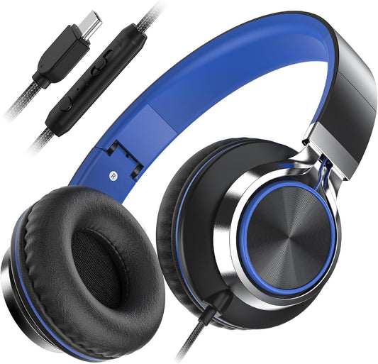 AILIHEN C8 USB-C Headphones Wired - Kids Headphones with Microphone & Volume Control, Foldable Stereo Sound Tangle-Free Type C Cord, Compatible with Cellphone, Laptop, PC (Black Blue)