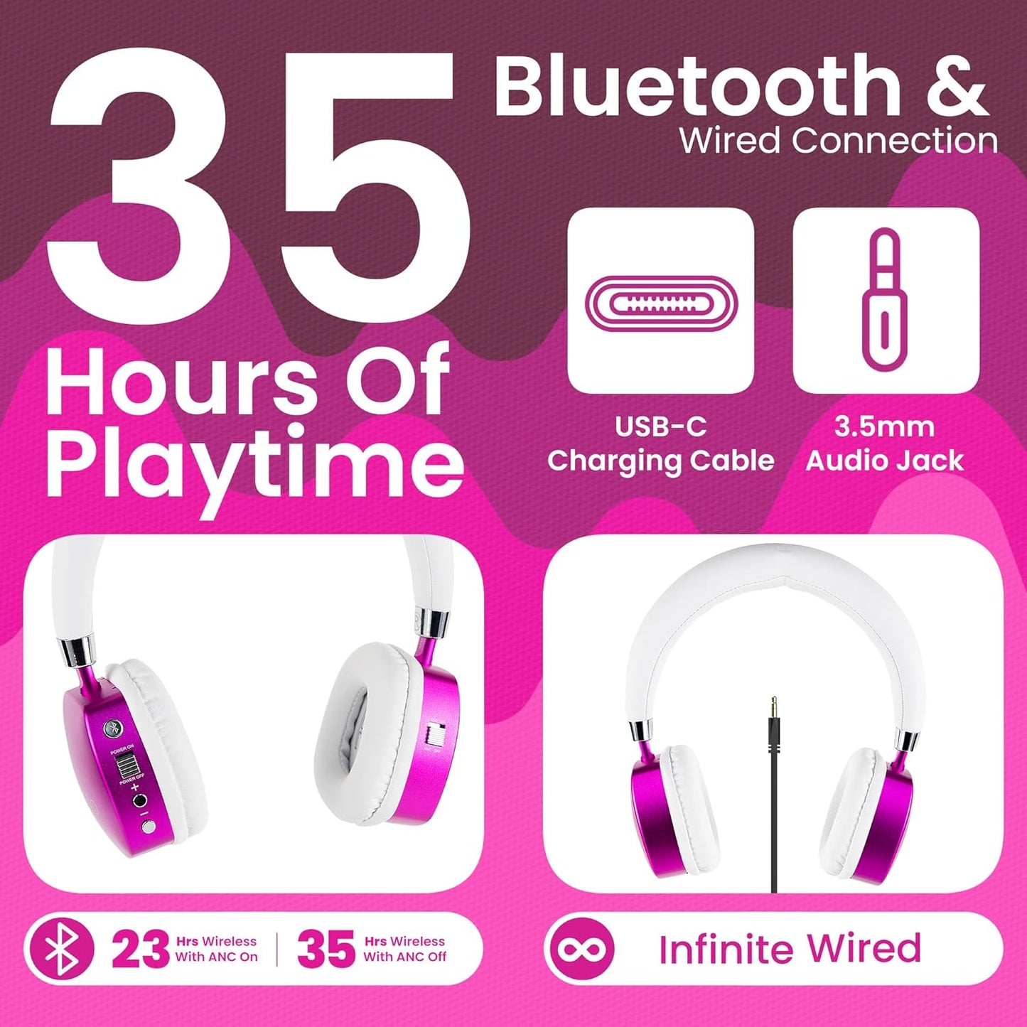 Puro Sound Labs PuroQuiet Plus Noise Cancelling Headphones for Kids, Bluetooth Kids On Ear Headphones with Mic, Lightweight On-Ear Design, Studio-Grade Sound (Pink)