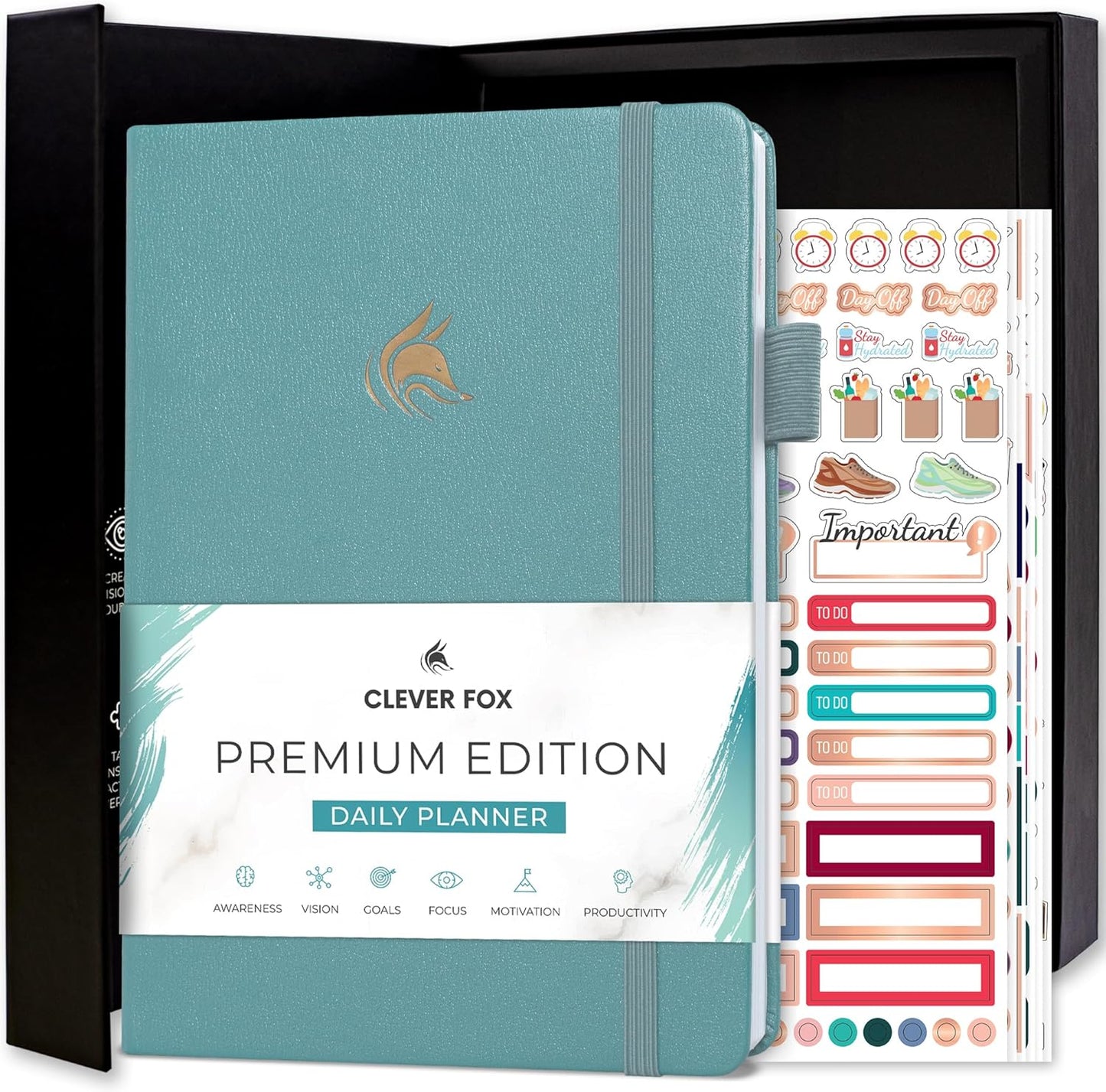 Clever Fox Planner Daily Premium – Undated Daily Planner with Hourly Schedule, Personal Organizer, Productivity Journal, 6 Months (Aquamarine)