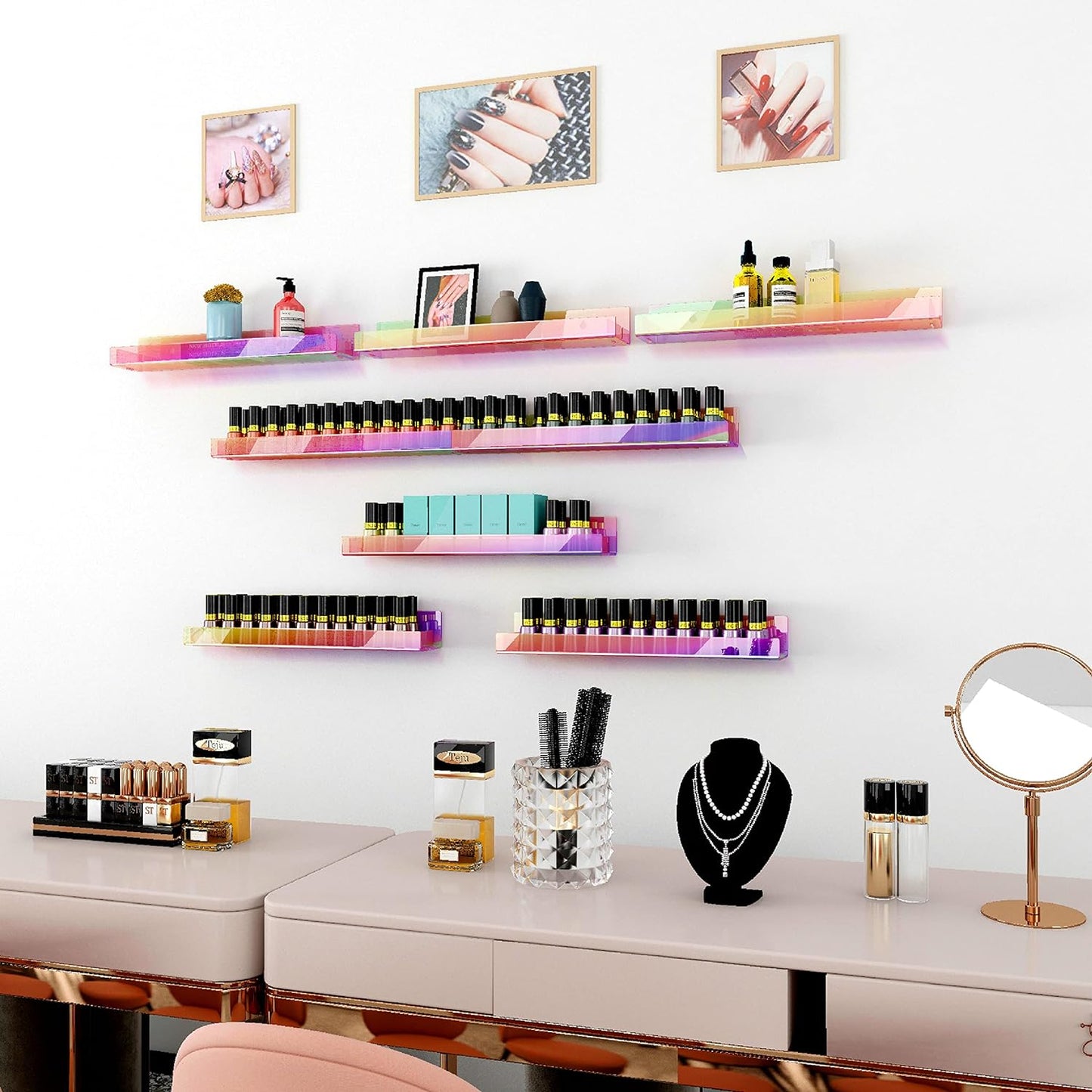 8 Pack 15 Inch Iridescent Acrylic Shelves, Clear Rainbow Kids Floating Bookshelf for Kids Room, Modern Sunglasses Essential Oil Picture Ledge Display Toy Storage Wall Shelf