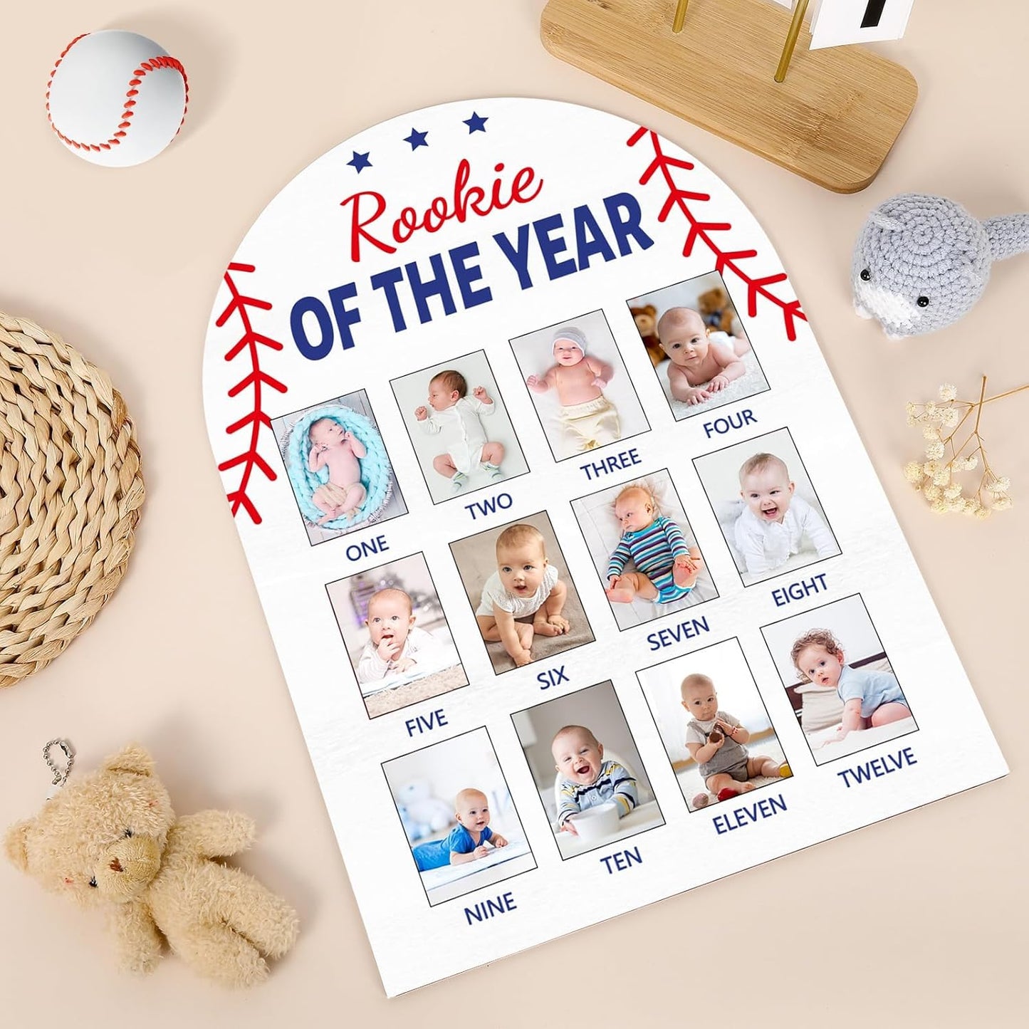 Baseball First Year Photo Board Rookie of the Year Birthday Party Decoration Wooden Board 12 Monthly Milestone Picture Frame Sports 1st Birthday Photo Banner for Baby Boy Keepsake Gift Supply2x2.8In