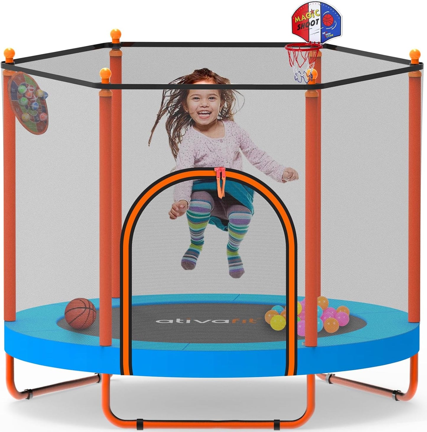 Ativafit 60'' Rebounder Trampoline Indoor Outdoor for Kids Ages 1-8, 5 FT Recreational Toddler Trampoline with Safety Enclosure Net Gifts with Basketball Hoop Dartboard Ocean Bal
