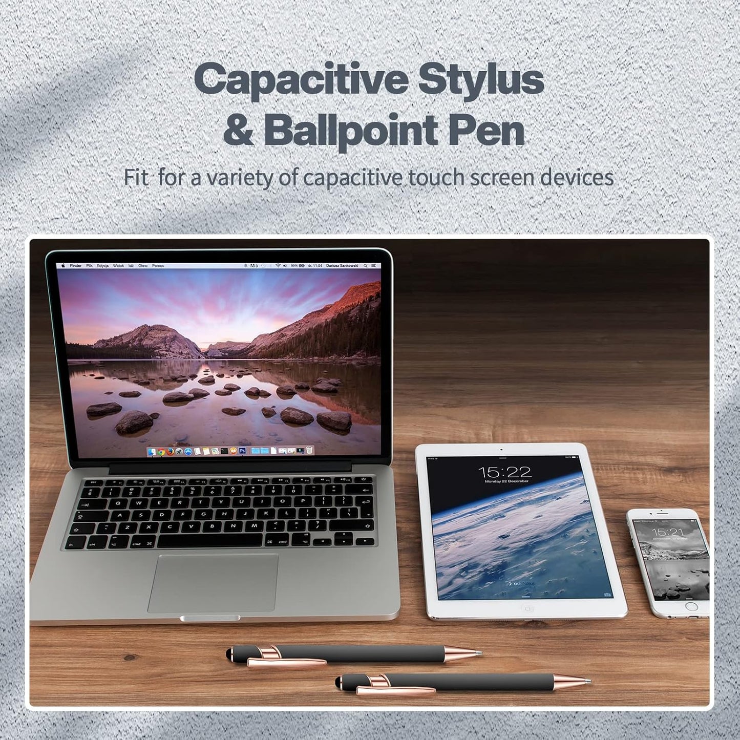 8 Pieces Ballpoint Pen with Stylus Tip Black Ink 2 in 1 Stylus Metal 1.0 mm Medium Point Smooth Pen Rainbow Colorful Rubberized Ballpoint for Touch Screen Tablet(Gray)