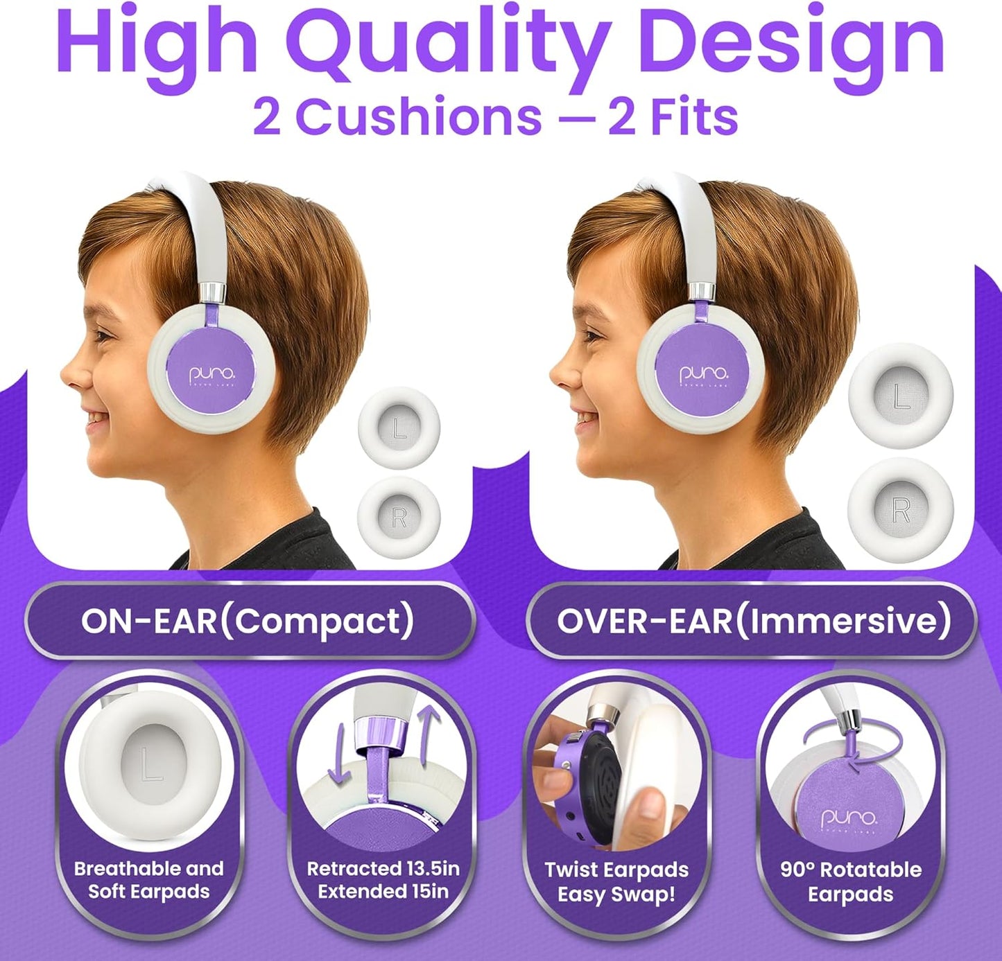 Puro Sound Labs BT2200 Plus Kids Bluetooth Headphones – Volume-Limiting 85dB, Studio-Grade Audio, Over-Ear & Comfy Design, 20-Hour Battery Life, Easy to Connect Wireless Headphones for Kids, Purple