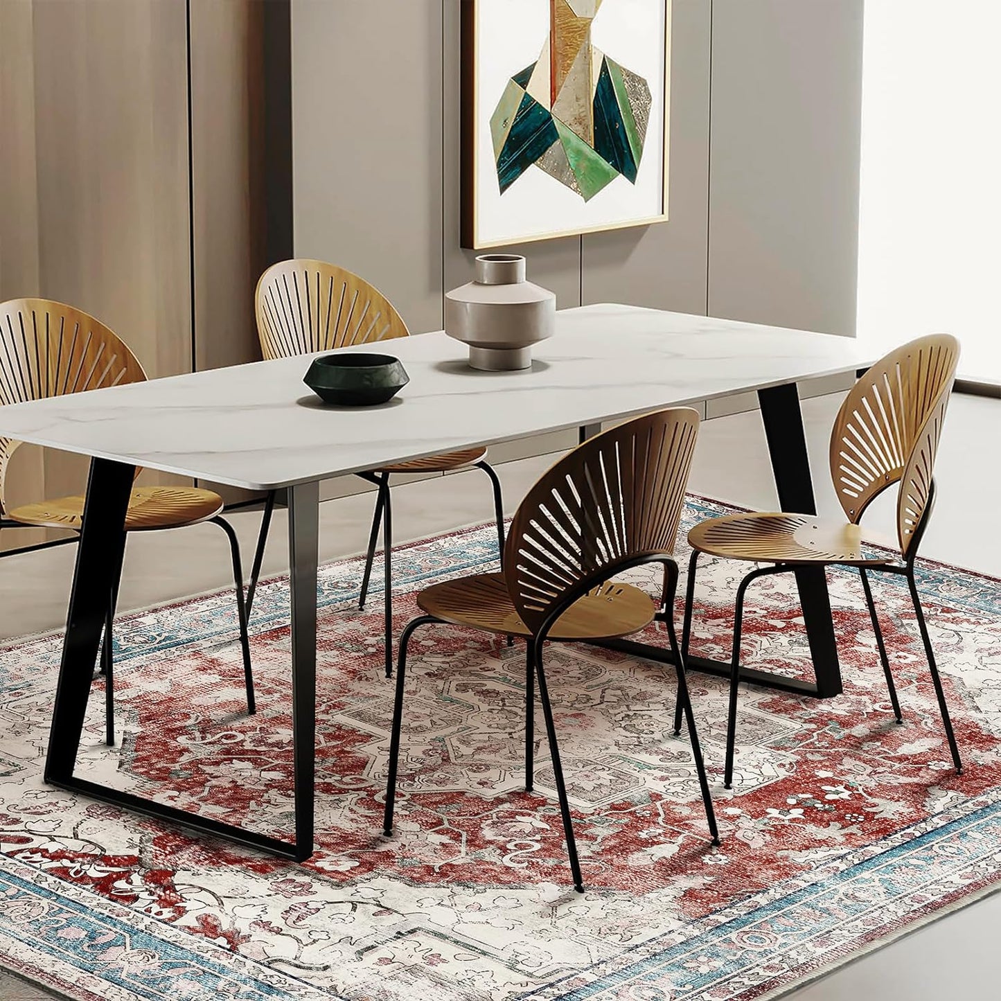 Area Washable Rug 5'x7' Red Blue Washable Vintage Traditional Floor Cover Thin Rug Retro Kitchen Indoor Distressed Non Slip Carpet Floral Print Mat Living Room Bedroom Dining Room