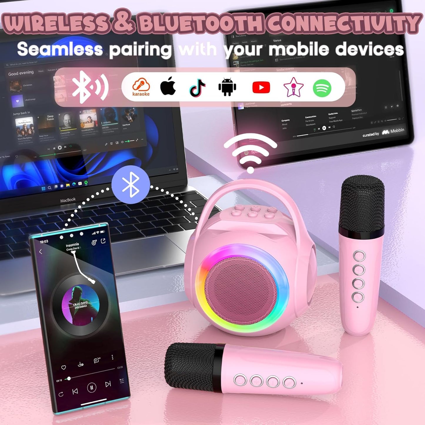 Hockvill Mini Karaoke Machine for Kids with Microphone, Bluetooth Toddler Karaoke Toy with LED Lights, Rechargeable Portable Speaker for Girls & Boys Ages 3-10, Children’s Day & Birthday Gift Ideas