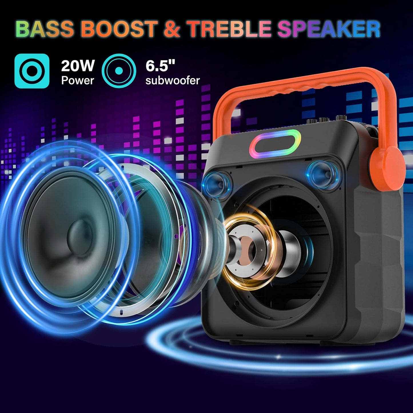 Karaoke Machine with 2 Wireless Microphones, Karaoke Machine for Adults & Kids, Portable Bluetooth Karaoke Speaker with Bass/Treble Adjustment, PA System, LED Lights, Supports TWS/USB/TF/REC/FM/AUX