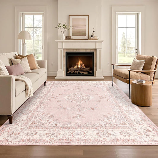 8x10 Area Rugs Washable: Oriental Soft Area Rug for Living Room Bedroom No Shedding - Low Pile Thin Carpet Rug for Dining Room Non Slip - Boho Vintage Rug for Home Decor - Soft Pink