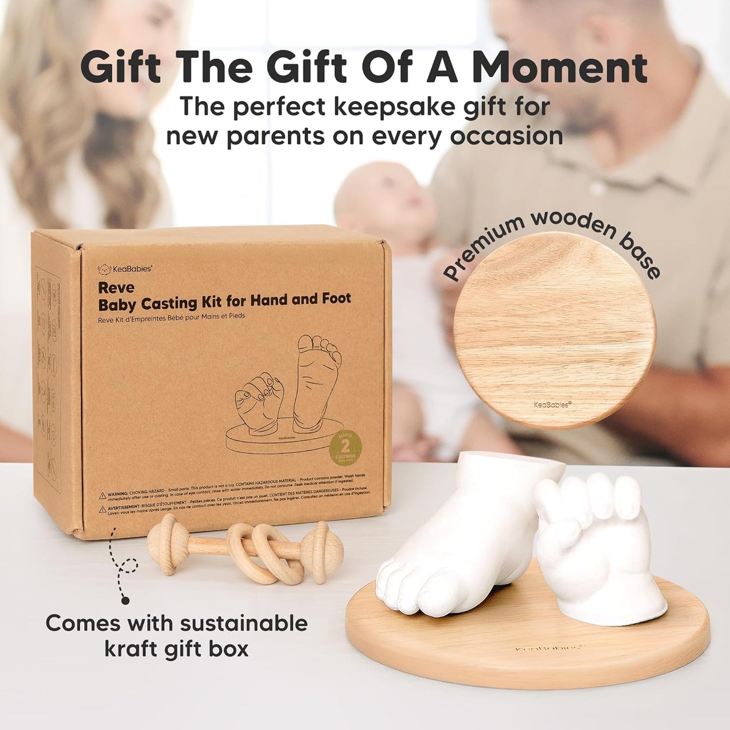 KeaBabies Baby Casting Kit Hands and Feet Mold - 3D Newborn Hand Casting Kit & Stylish Wood Base, Easy DIY Infant Foot Molds 0-9 Months, BPA-Free Baby Keepsake, Shower Gifts for Moms (Round, Ash Wood)