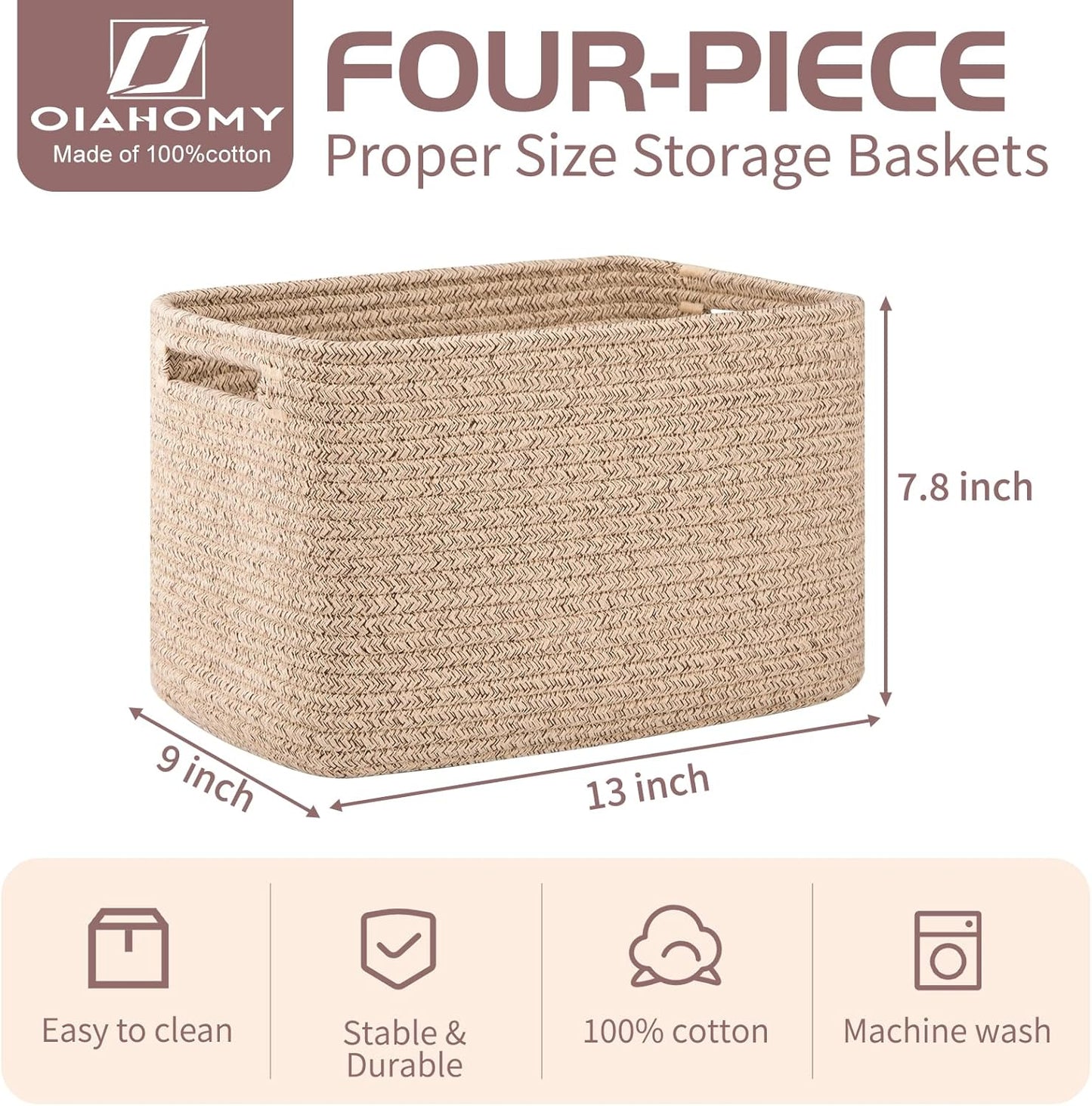 OIAHOMY 4 Pack Storage Baskets for Organizing, Cube Storage Bins for Shelves, Rectangle Storage Baskets With Handles, Woven Baskets for Storage, 12.7''Lx9''Wx7.8''H, Brown