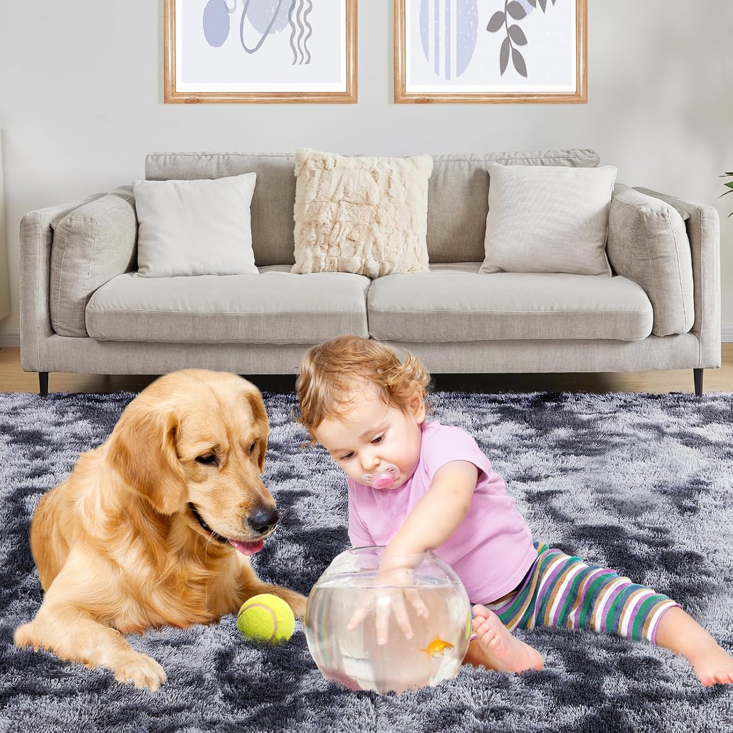 6x9 Area Rugs for Living Room, Fluffy Shaggy Bedroom Rug Indoor Carpet, Anti-Skid Soft High Pile Rug for Nursery, Kids Room, Bedside, Home Decoration, Tie-Dyed Dark Grey