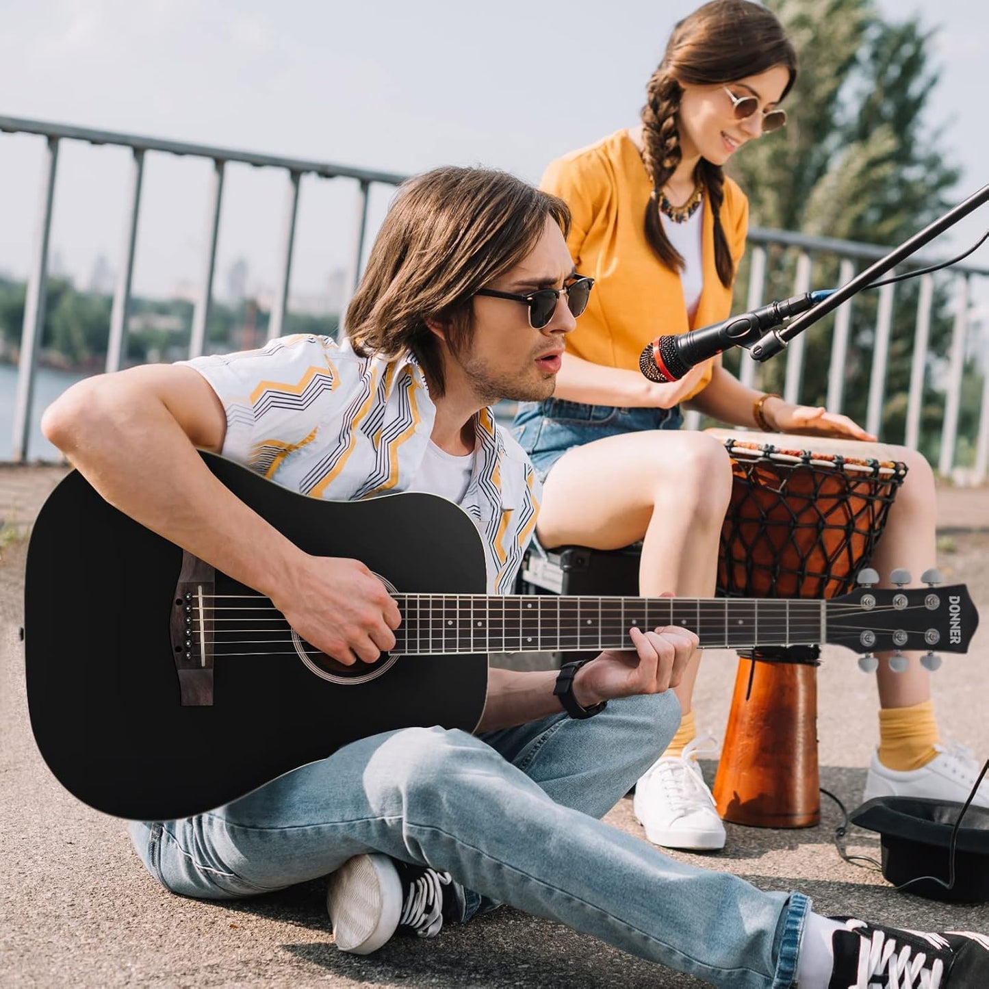 Donner Acoustic Guitar for Beginner Adult 36'' Dreadnought 3/4 Size Black Guitar Bundle Package Kit Travel, Spruce Wood With Gig Bag Capo Tuner Strap String Guitar Picks DAG-1MB/DAT-110D