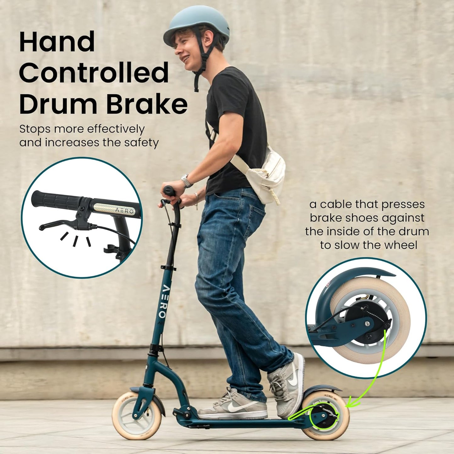 Aero Big Wheels Kick Scooter for Kids 6+, Teens & Adults | Light Up Wheels, Hand Brake, Rubber Deck Mat & Shock Absorption | Foldable & Height Adjustable