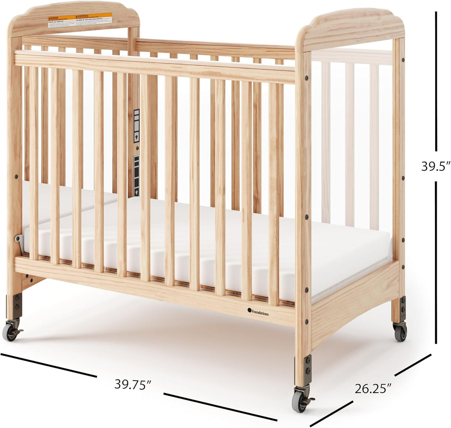 Foundations Serenity Compact Daycare Crib, Fixed Side, Features Mirrorview End Panels and Slatted Side Panels, Durable Wood Construction, Includes 3” InfaPure Foam Mattress (Natural)