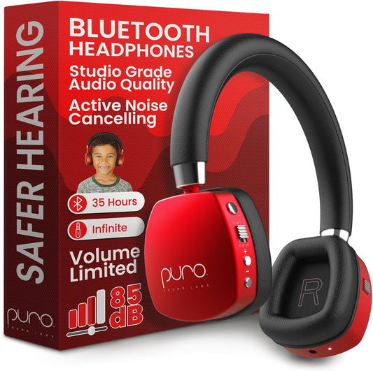 Puro Sound Labs PuroQuiet Plus Kids Noise Cancelling Headphones, Bluetooth Kids On Ear Headphones with Mic, Lightweight On-Ear Design, Studio-Grade Sound (Red)
