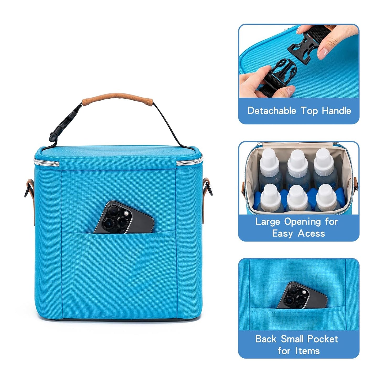 Breastmilk Cooler Bag with Ice Pack Fits 6 Baby Bottles Up to 9 Ounce, Baby Bottle Bag with Shoulder Strap for Nursing Mom Daycare, Blue