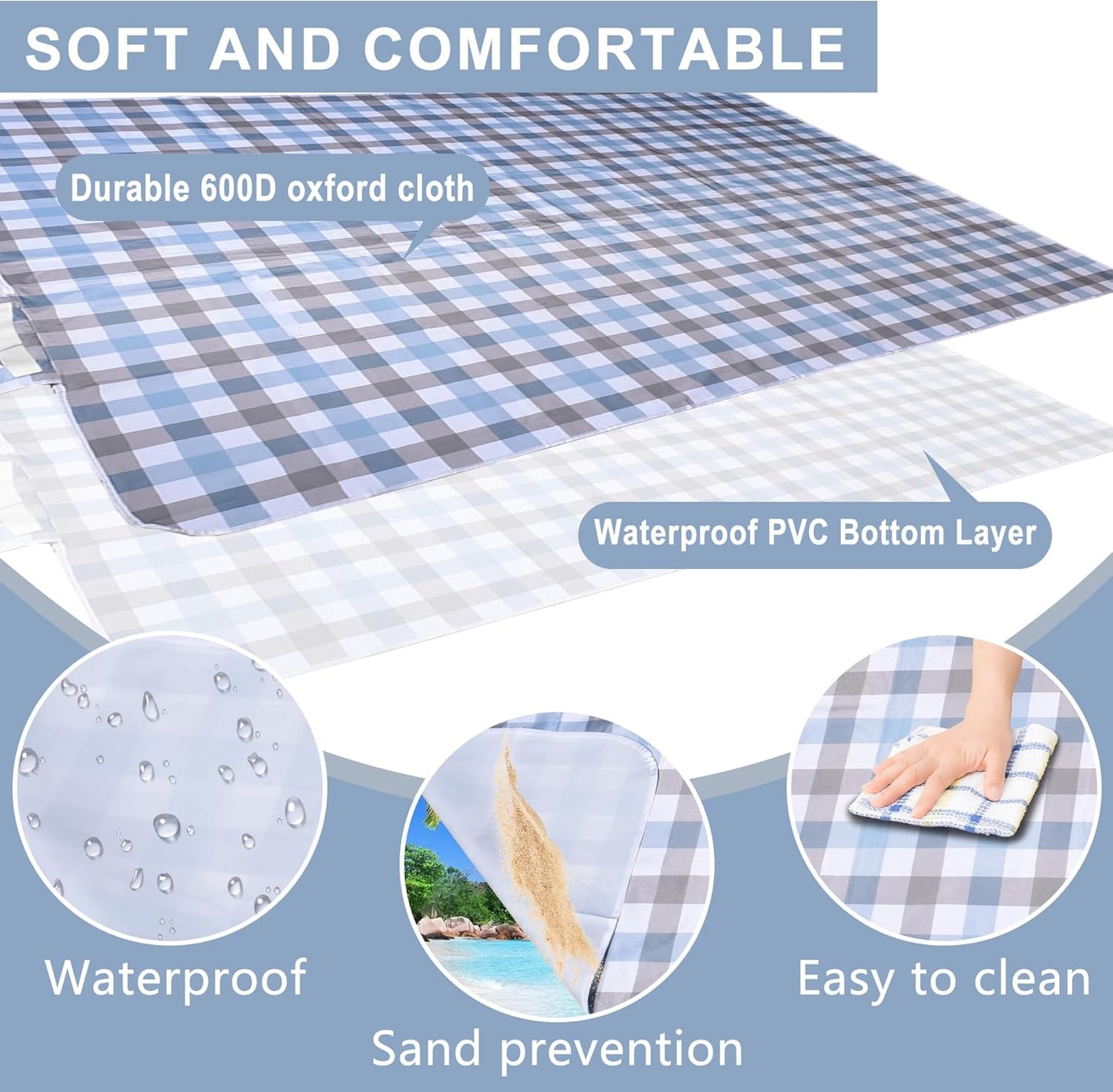 80"x80" Extra Large Waterproof Outdoor Mat - Sandproof Foldable Picnic Blanket for Family Camping, Backyard, Beach Parties - Heavy Duty & Easy Storage (Blue&Gray)