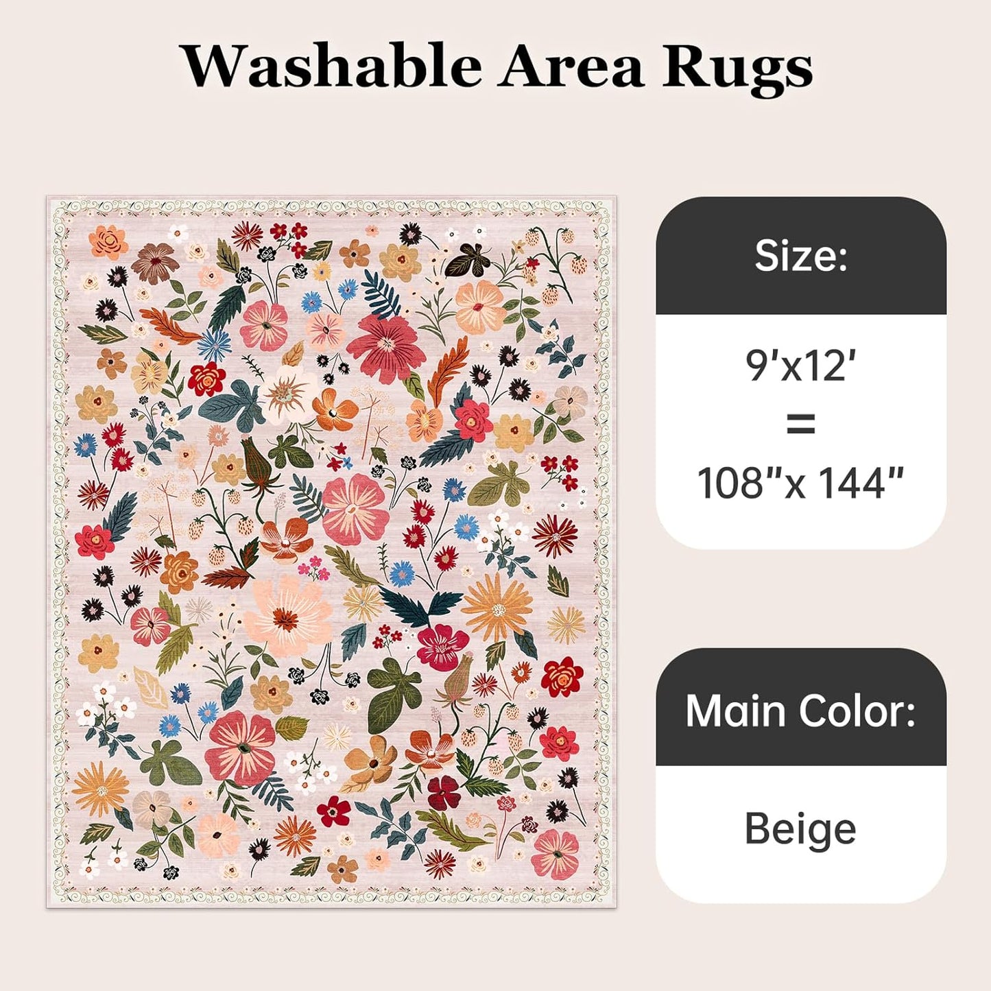 9x12 Washable Area Rugs Beige Pink Boho Floral Soft Girls Rugs for Bedroom Sound Absorbing Ultra-Thin Non Slip Stain Resistant Room Carpet Rug for Living Room Kids Playroom Farmhouse Dining Room