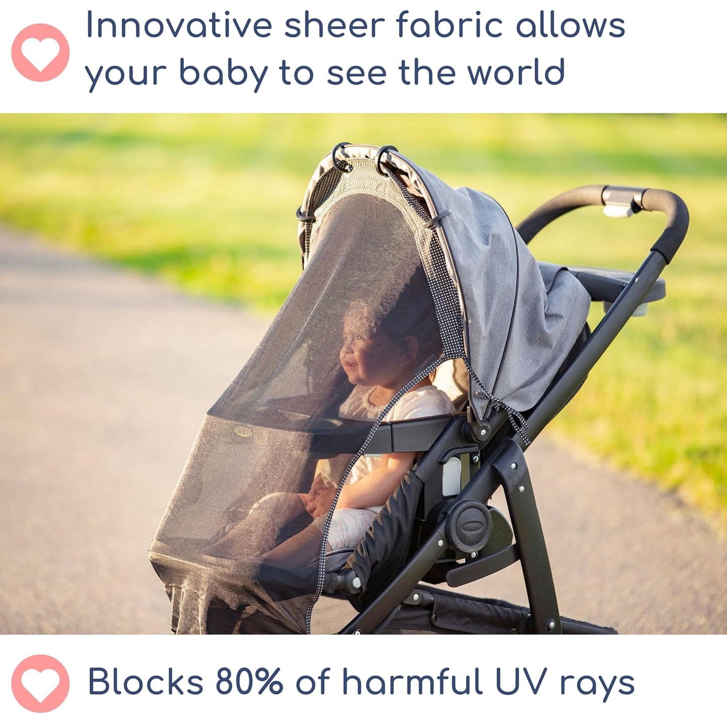 Stroller Sun Shade - Universal UV Protection Cover for Strollers Sunshade with See Through, Clip-On Sun Blocker, Sun Shield for Baby, Breathable Adjustable Fit, Full Coverage, Large