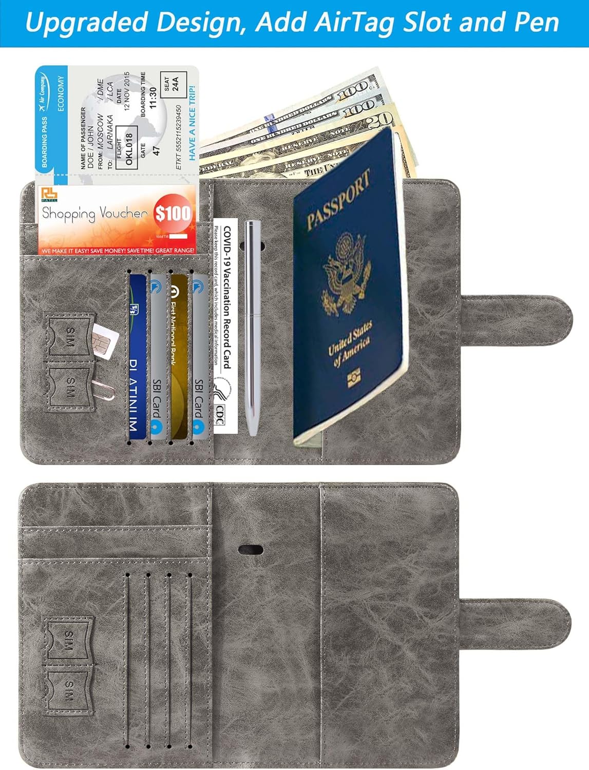 Airtag Passport Holder Cover Wallet RFID Blocking Leather Case Travel Essentials Luggage Accessories Travel Must Have(118#Grey)