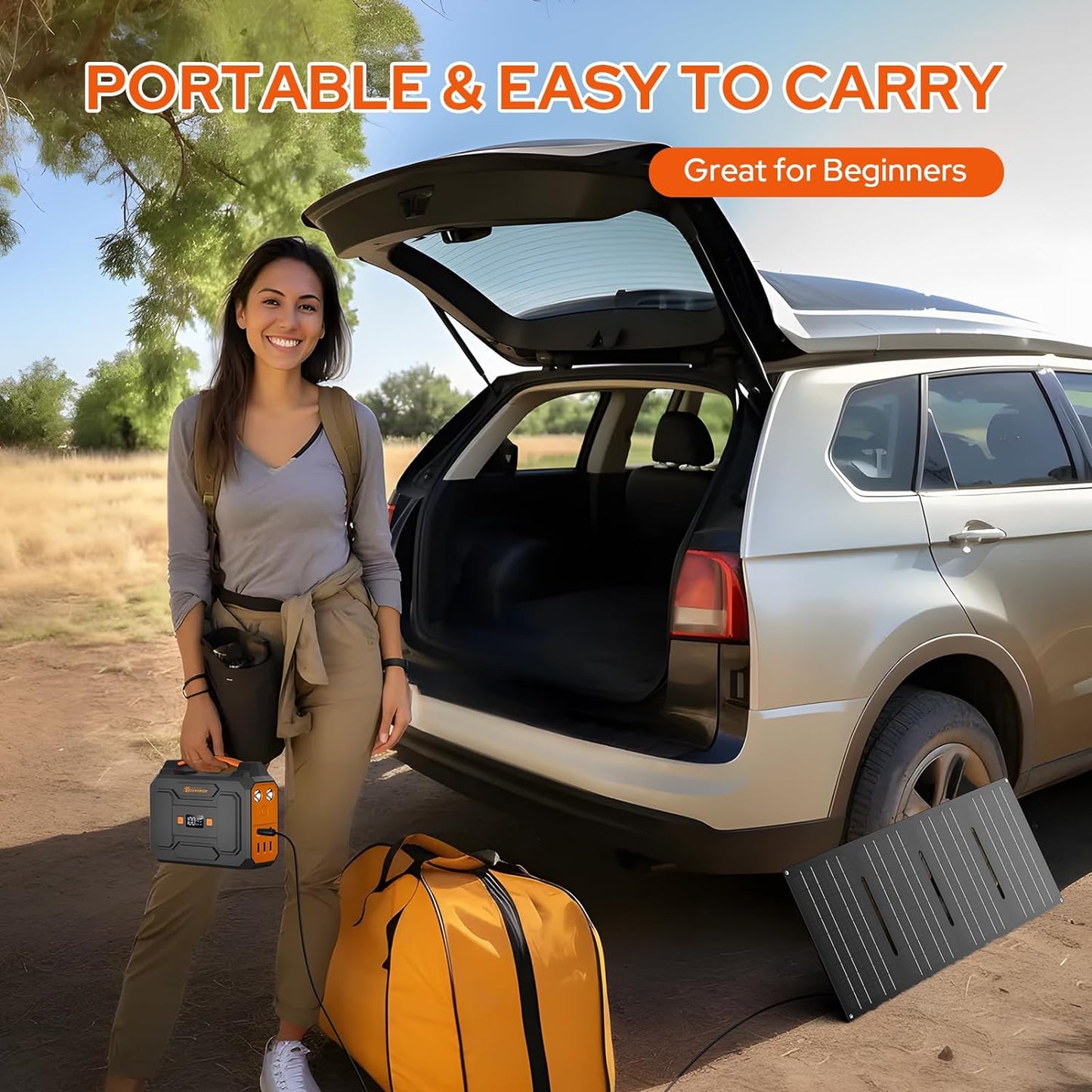 100W Portable Power Station with Foldable Solar Panel, 110V Power Bank with AC Outlet, Rechargeable Battery Generator Power supply for Outdoor, Camping, RV, Travel, Emergency Backup