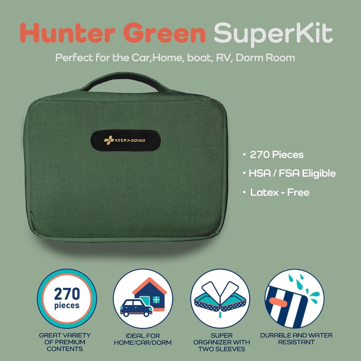 KeepGoing Large Home First Aid Kit for Kids – 270 Pc. for Car, Home, Dorm, & Boat with Latex-Free Bandages – 10 x 7 x 3.5 in. Travel First Aid Kit (Hunter Green)