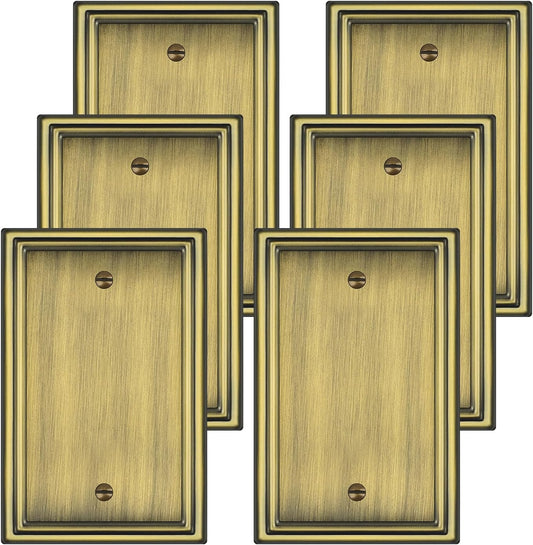 Antique Brass Decorative Blank Light Switch Covers Plate, Metal Material 1 Gang Wall Plates for Blank Light Switch, Single Blank Switch Plate Cover - Classic Style, 6 Pack