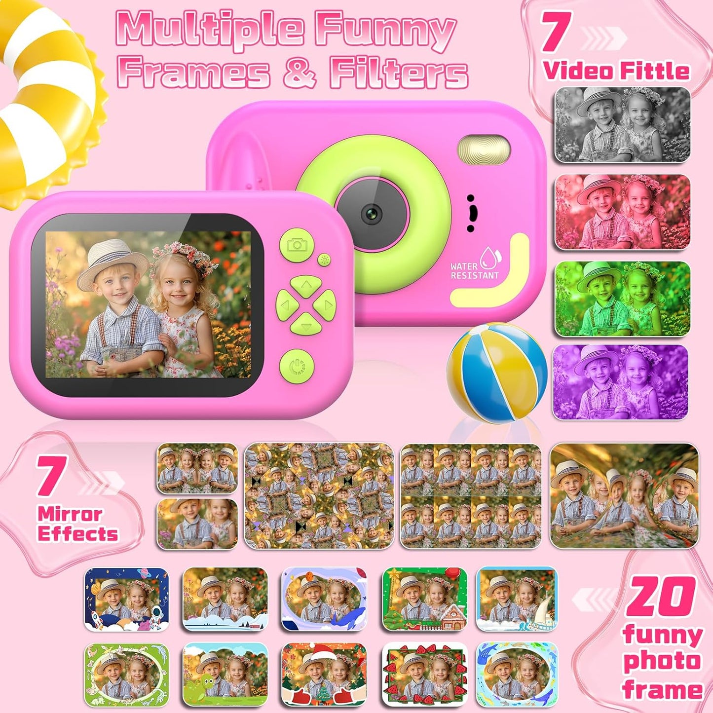 Kids Camera Waterproof, IP68 Underwater Camera for Kids Aged 3-12, HD Kids Digital Camera with 1080P Video Recording, Durable ABS Material, Pool Toys for Boys Girls with 32GB Card (Pink)