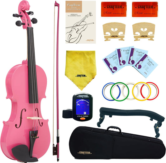 4/4 Full Size Fiddle Pink Colored Premium Violin Outfit for Beginners Adults Kids With 5 Color Fingering Tape- Handcrafted Student Beginner Violin.(Pink, 4/4 Full)