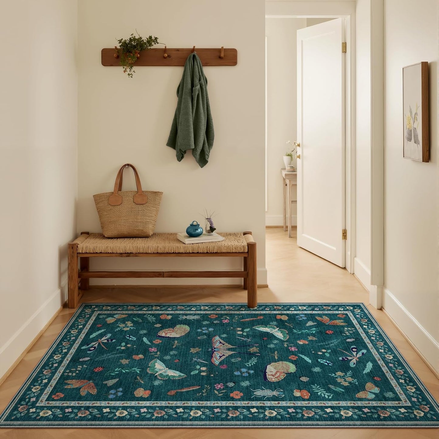 3x5 Washabl Rug with Insect Print - Bug Rug Non-Shedding Stain Resistant Soft Small Carpet for Bedroom, Low Pile Ultra-Thin Machine Washable Carpet for Nursery,Entrance, Office (3'x5' Teal)