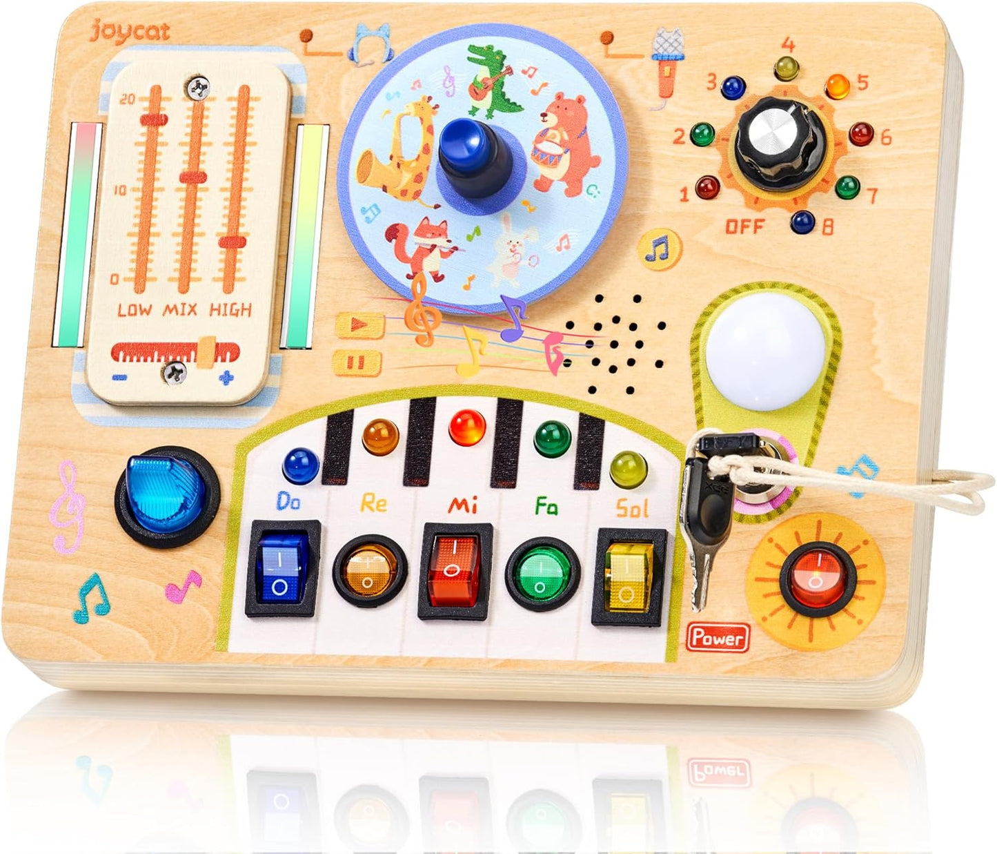 JoyCat Busy Board with Led Light, Toddler Toys for 1 2 3 4 Year Old Boys and Girls, Wooden Sensory Toys with Music, Travel Toy for Toddlers 1-3, Birthday Presents (Yellow)